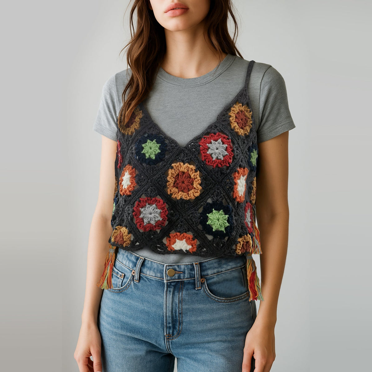 Model wearing the finished granny square vest layered over a grey t-shirt and jeans for a casual crochet tank top look