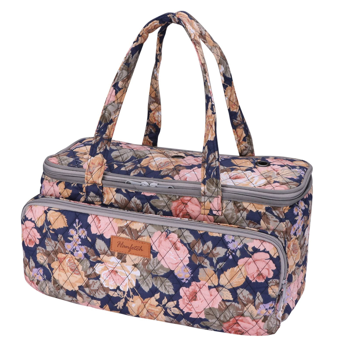 Woolique knitting project bag, navy floral patterned quilted organizer bag