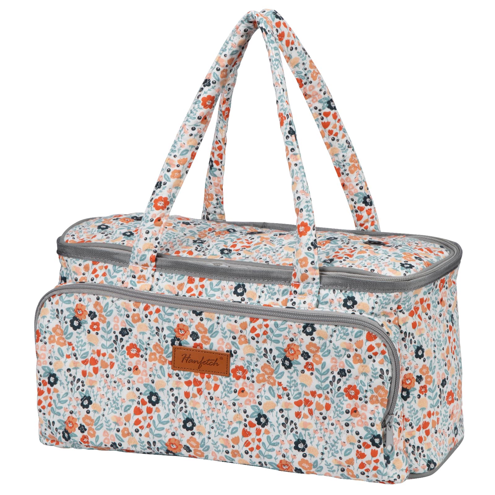 woolique knitting project bag, light - colored with small orange and blue floral prints