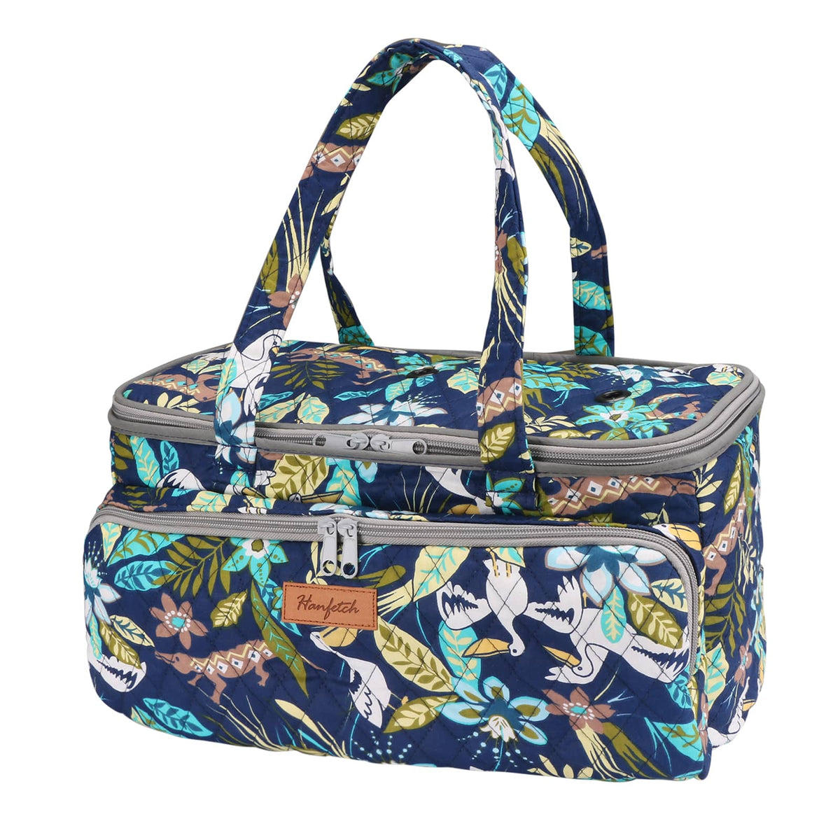 woolique knitting project bag, dark blue quilted with tropical animal & plant prints