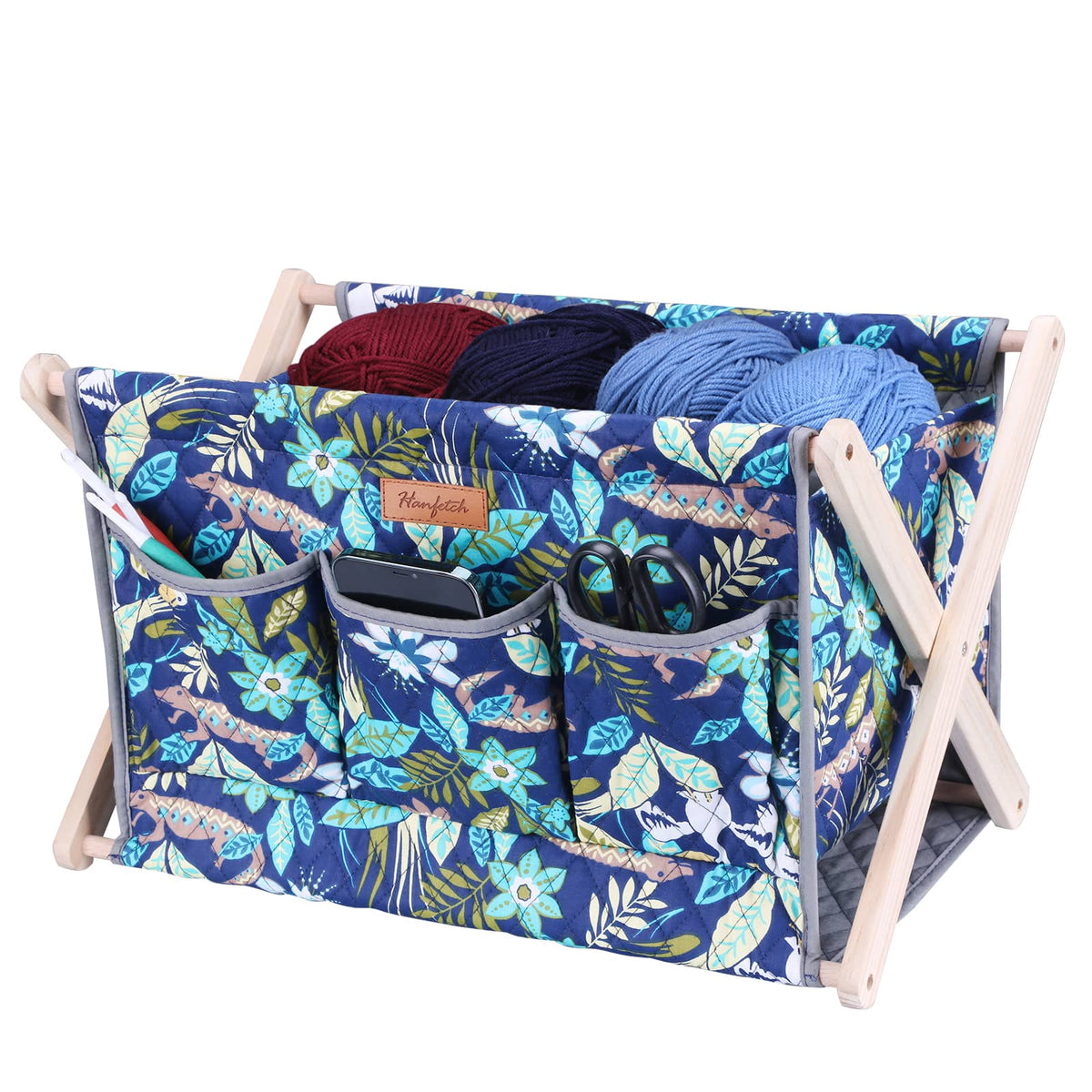 Woolique craft storage box, navy with teal floral and lizard print