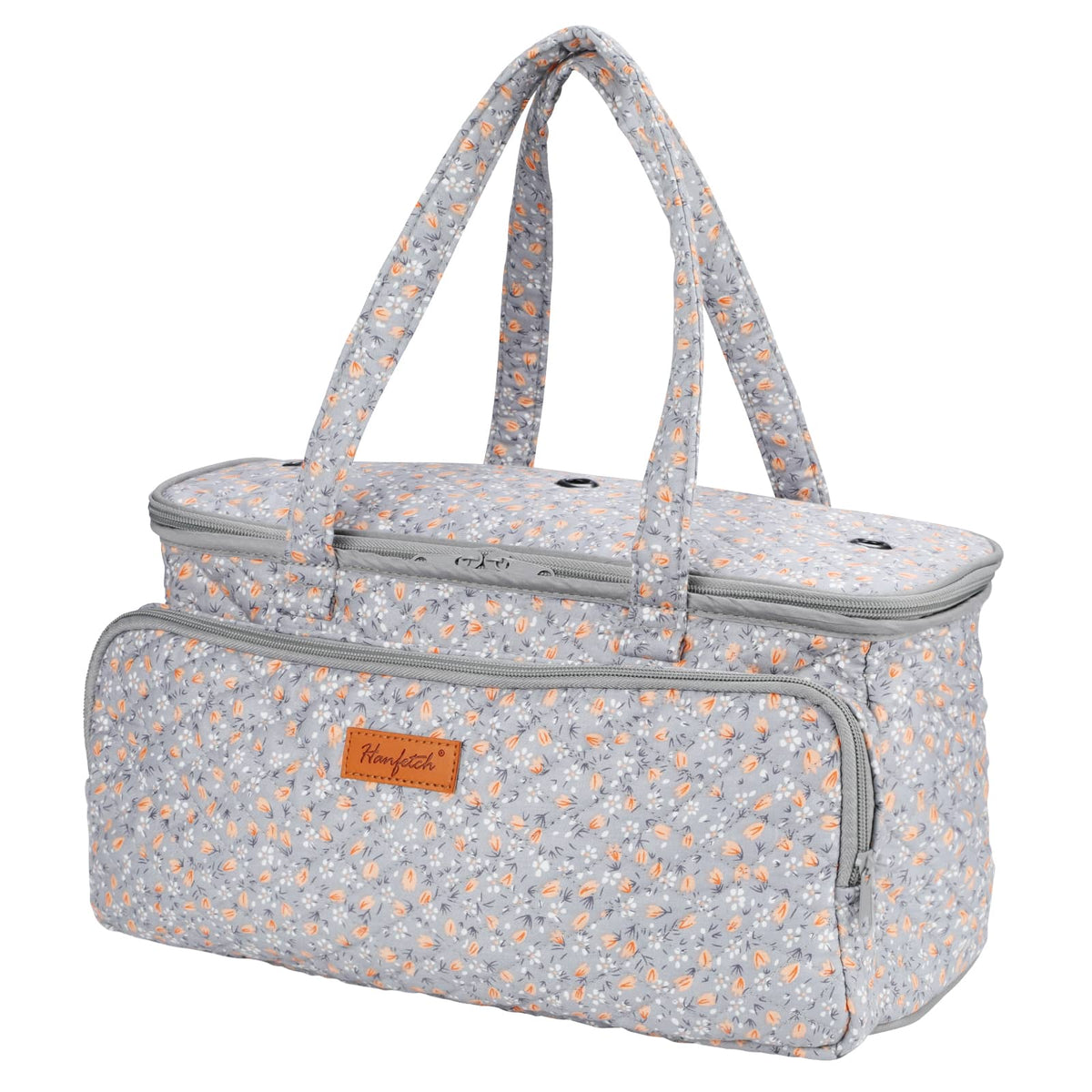 Woolique knitting project bag, grey with orange floral print multi-pocket knitting organizer