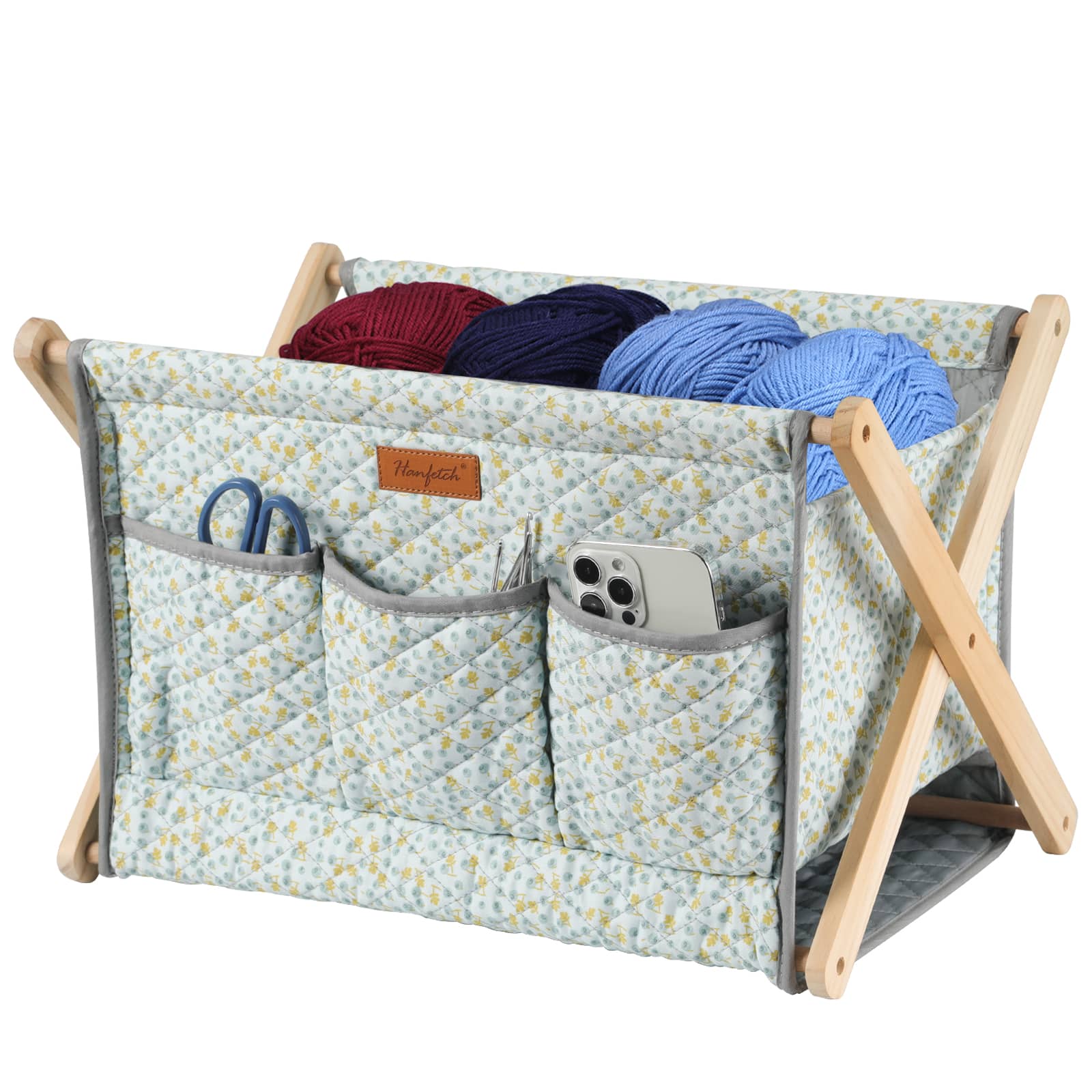 Woolique craft storage box, light blue with yellow floral print