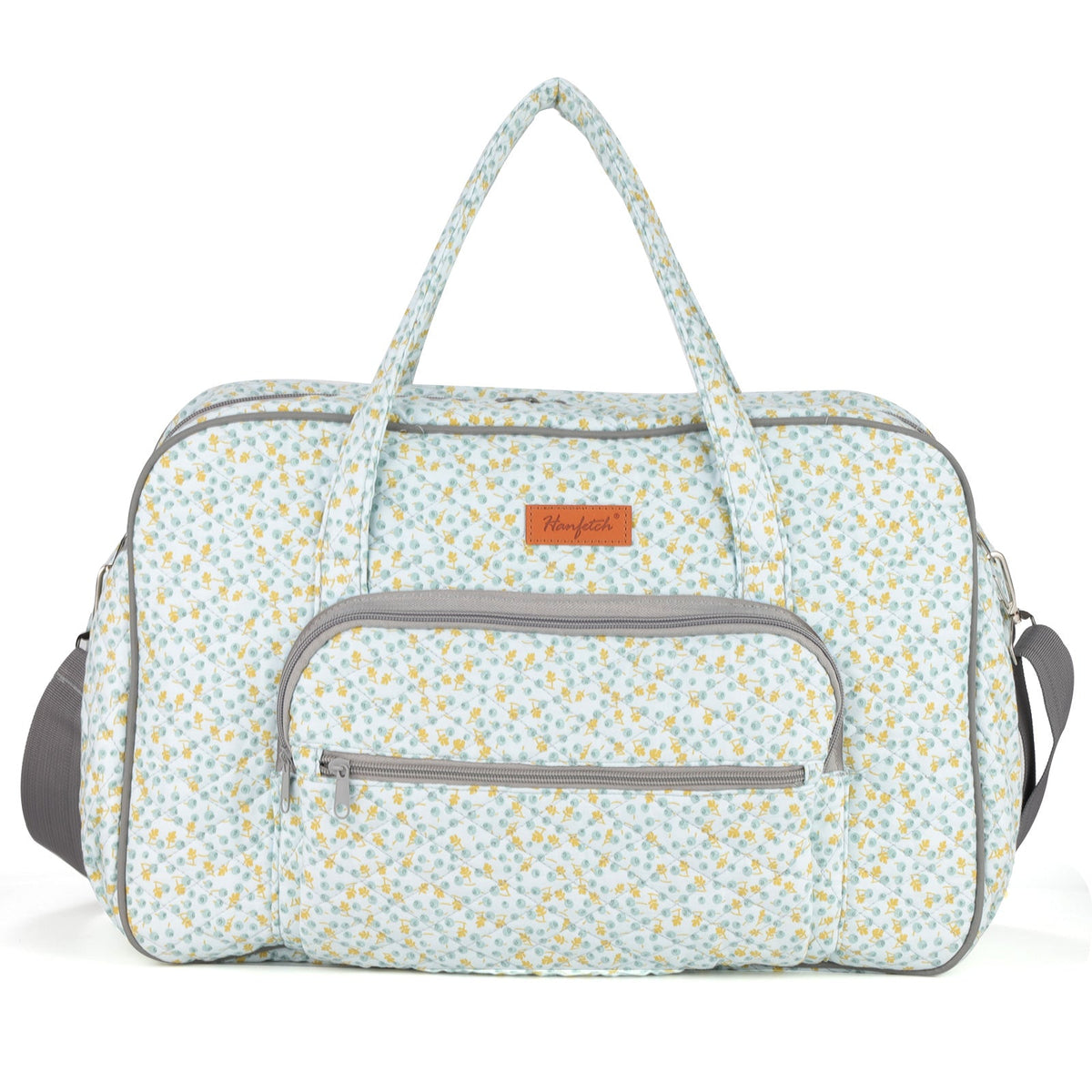 Woolique mint green and yellow floral quilted bag for crochet with grey strap