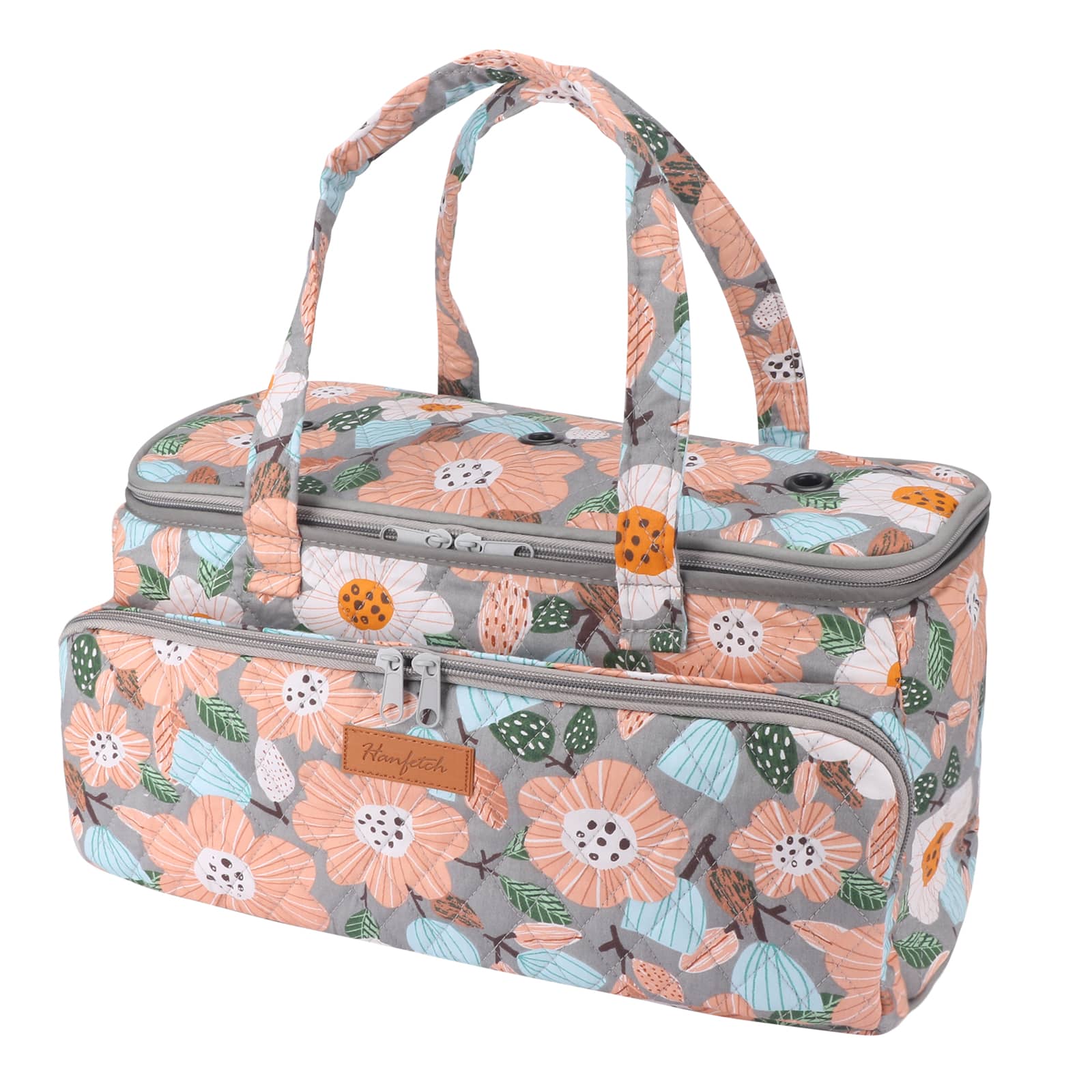Woolique knitting project bag, grey with peach and teal floral print