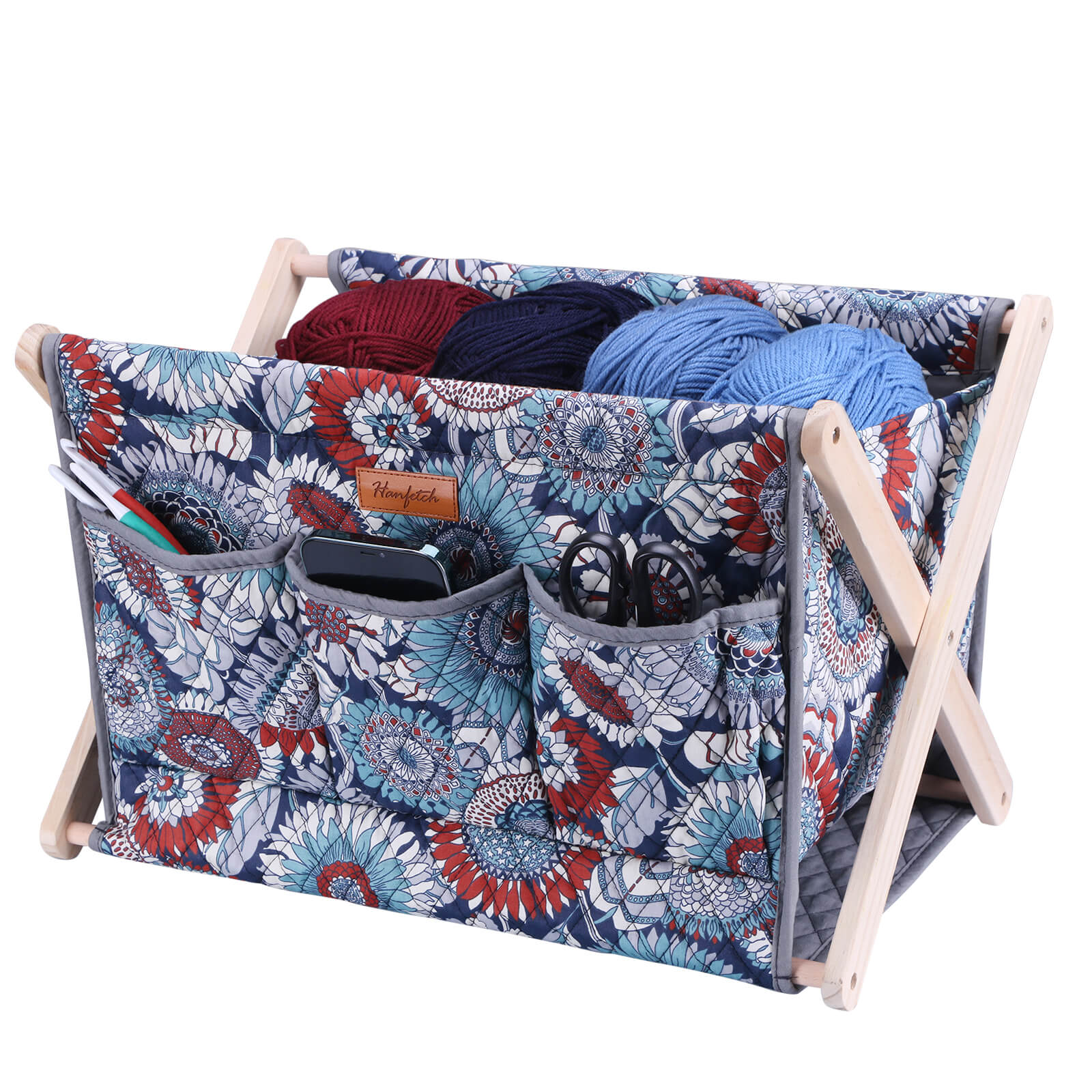 Woolique craft storage box, navy with red and teal floral mandala print