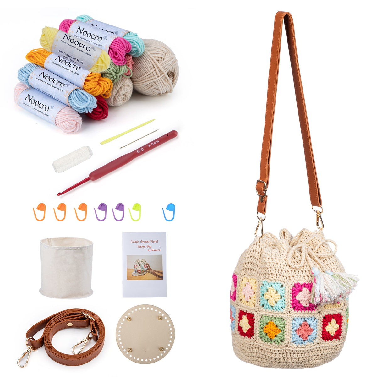 Granny square crochet kit product photo for Granny Square Bucket Bag Crochet Kit, with Woolique craft details