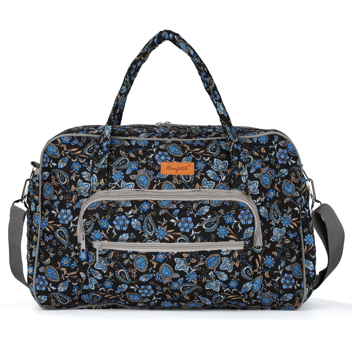 Woolique black and blue paisley floral quilted bag for crochet with front zipper pocket