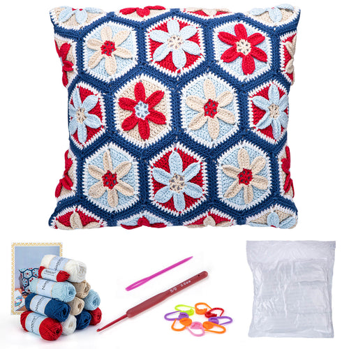 Granny square crochet kit product photo for Granny Square Crochet Pillow Kit, with Woolique craft details