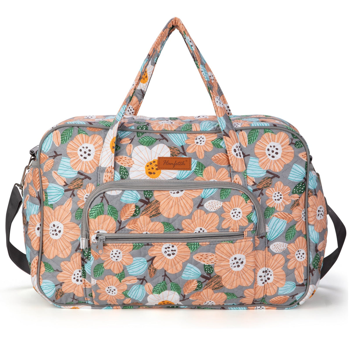 Woolique grey and peach large floral quilted bag for crochet with front zipper pocket