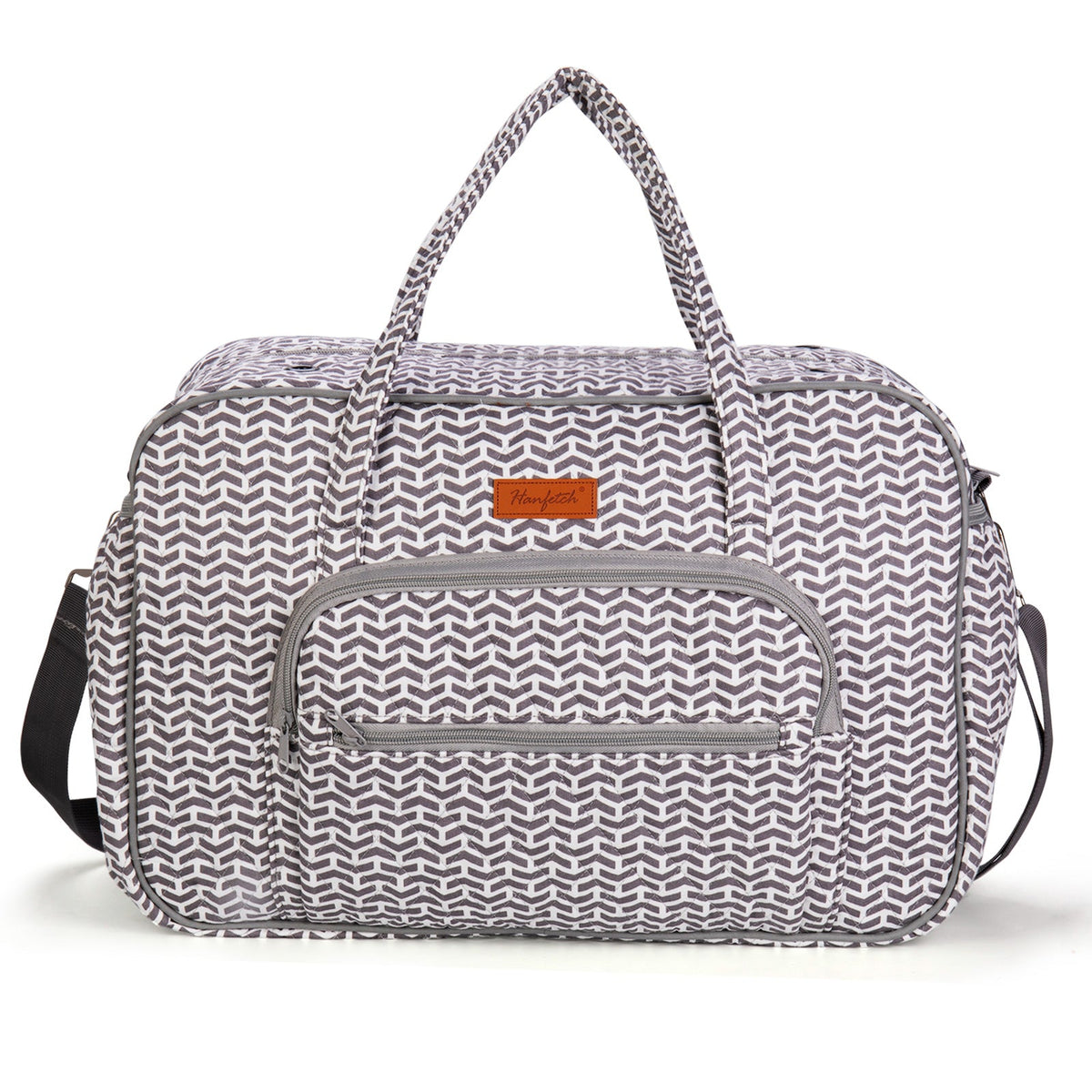 Woolique gray and white chevron patterned bag for crochet with shoulder strap and front pocket