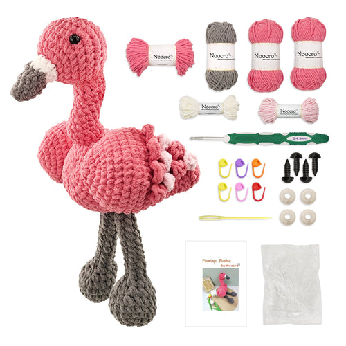 Flamingo amigurumi crochet kit with plush yarn, crochet hook, safety eyes, markers, stuffing and instruction booklet