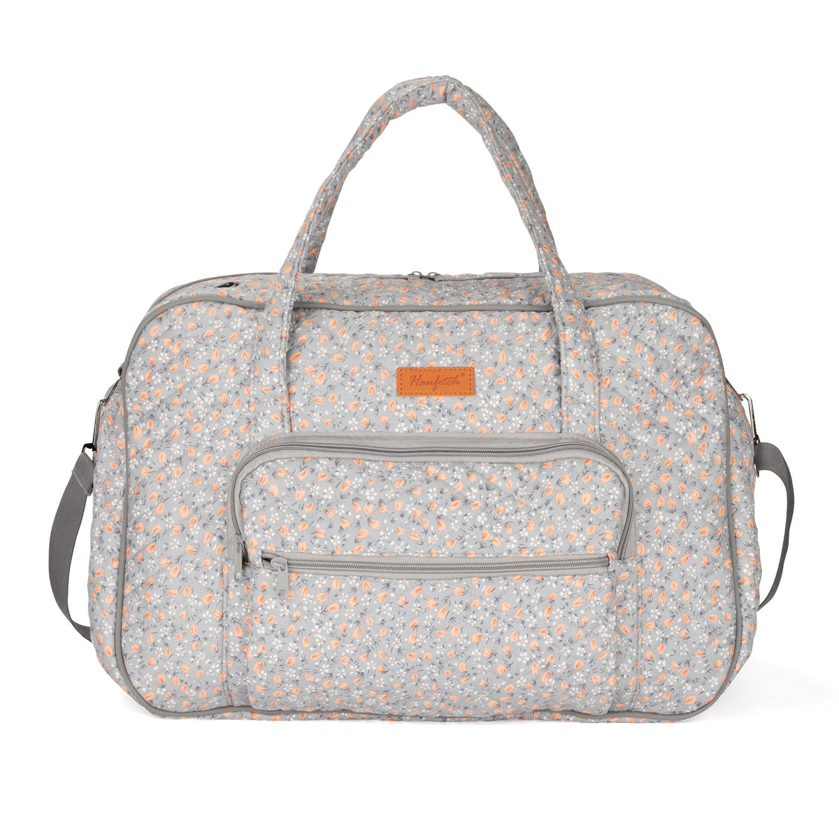 Woolique grey and orange ditsy floral quilted bag for crochet with front zipper pocket