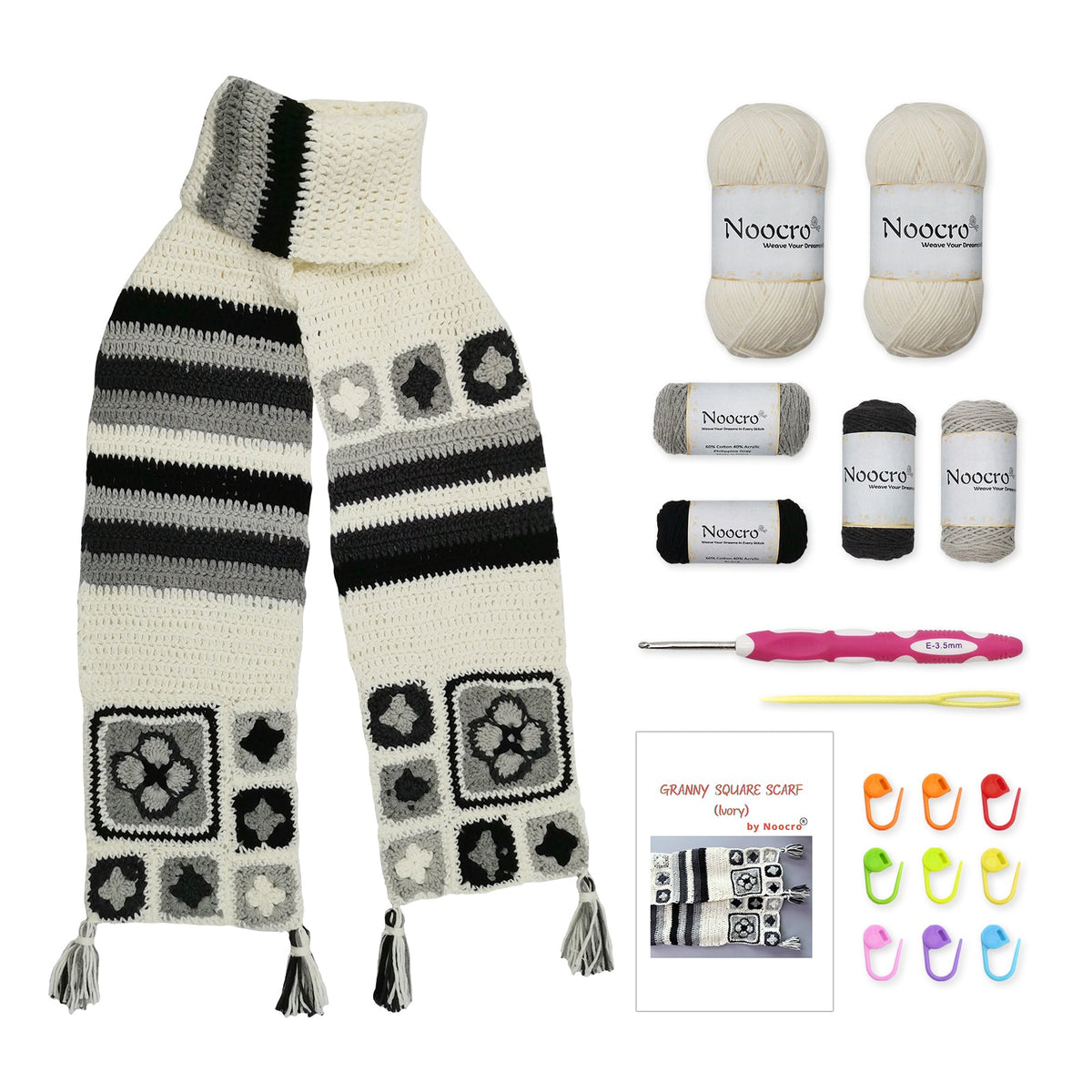 Ivory Granny Square Scarf Crochet Kit with yarn bundles, crochet hook, markers, needle, and instruction booklet included