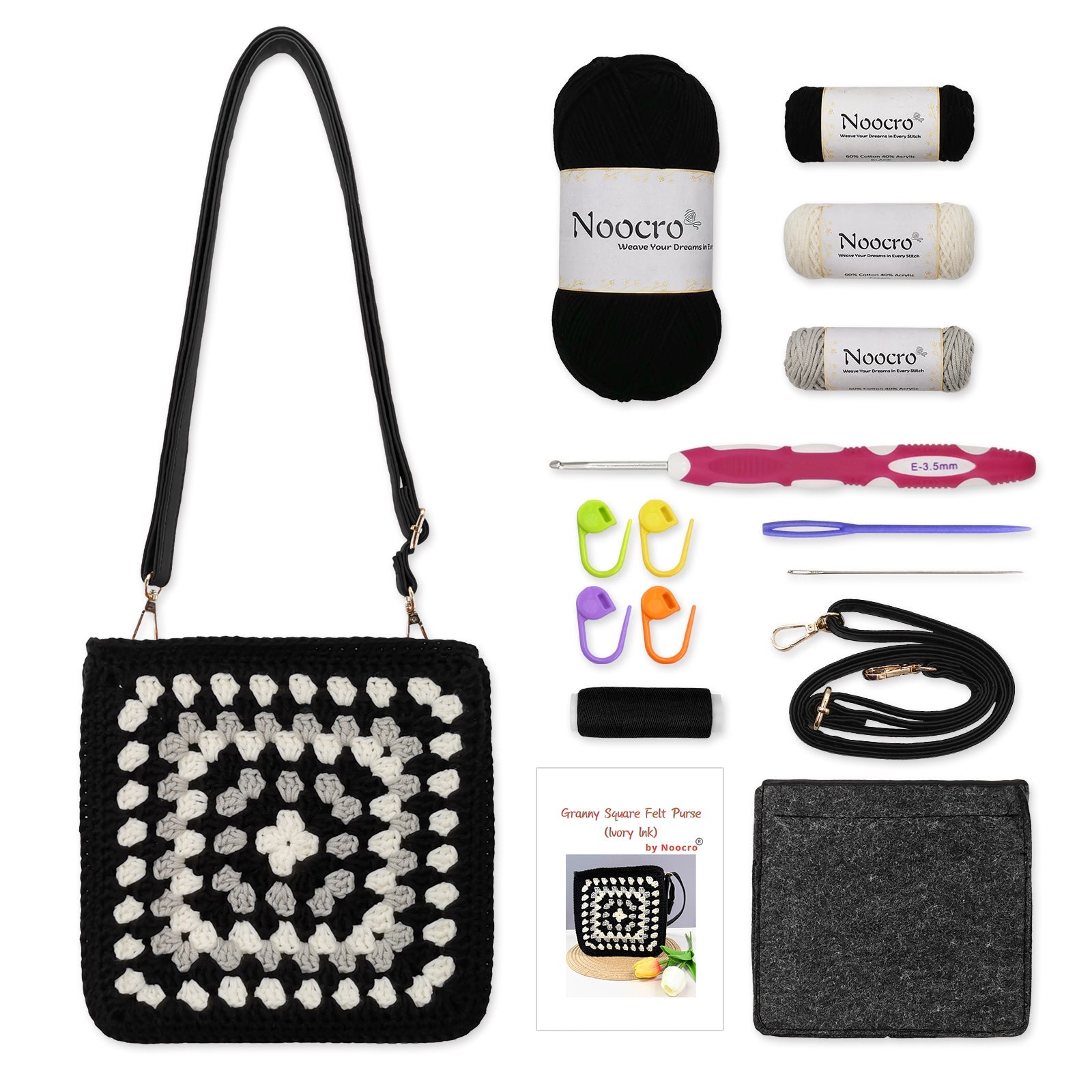 Granny square crochet kit product view 2 for Granny Square Felt Purse Crochet Kit, with Woolique craft details