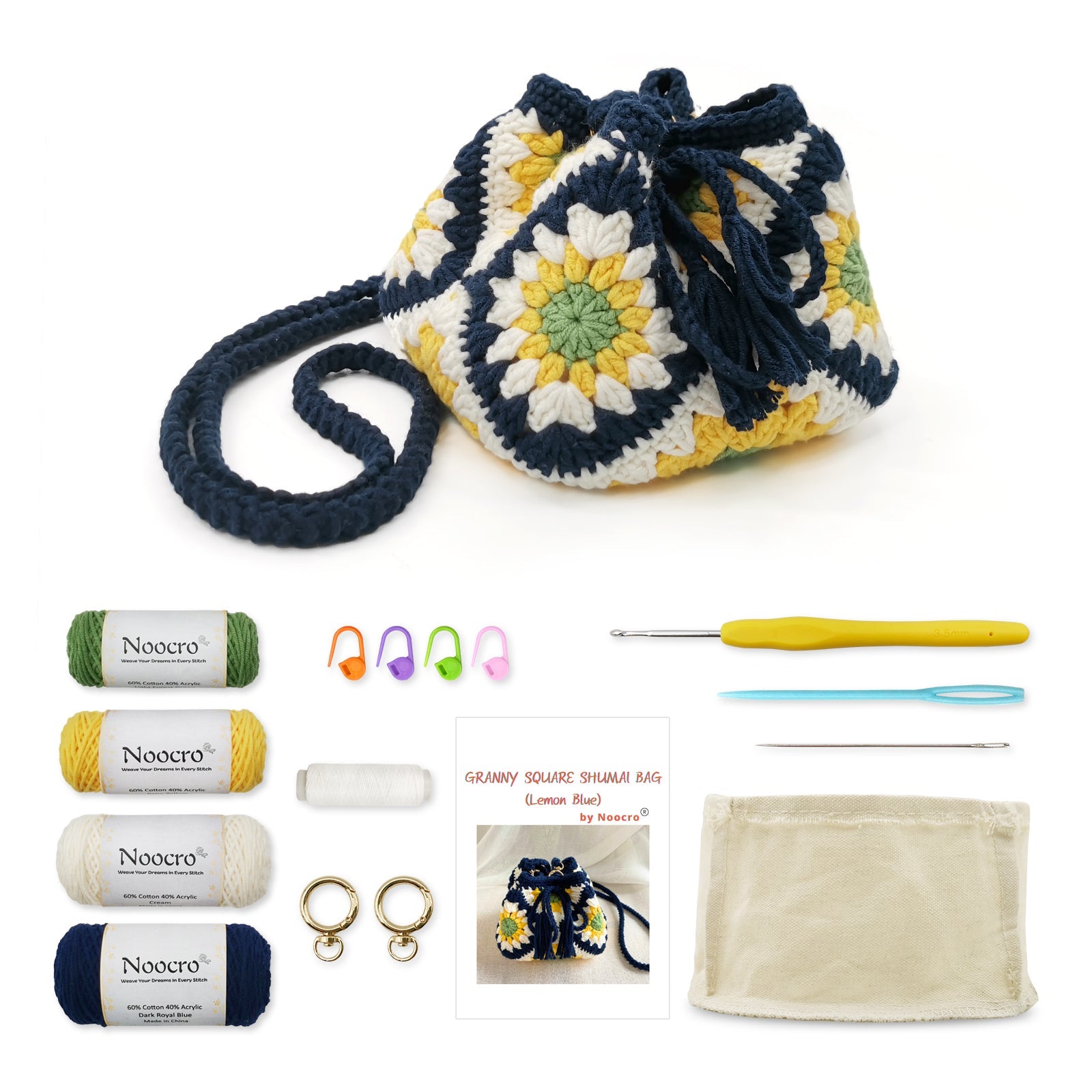 Granny square crochet kit product view 2 for Sunflower Granny Square Crochet Bag Kit, with Woolique craft details