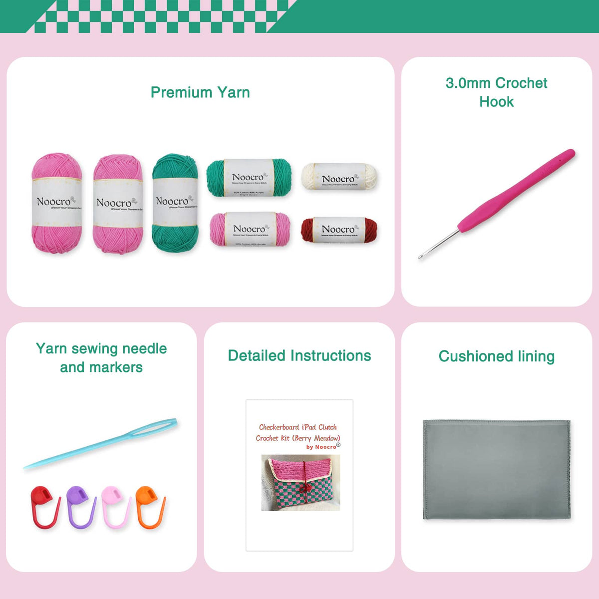 Beginner crochet kit product view 5 for iPad Clutch Crochet Kit, with Woolique craft details