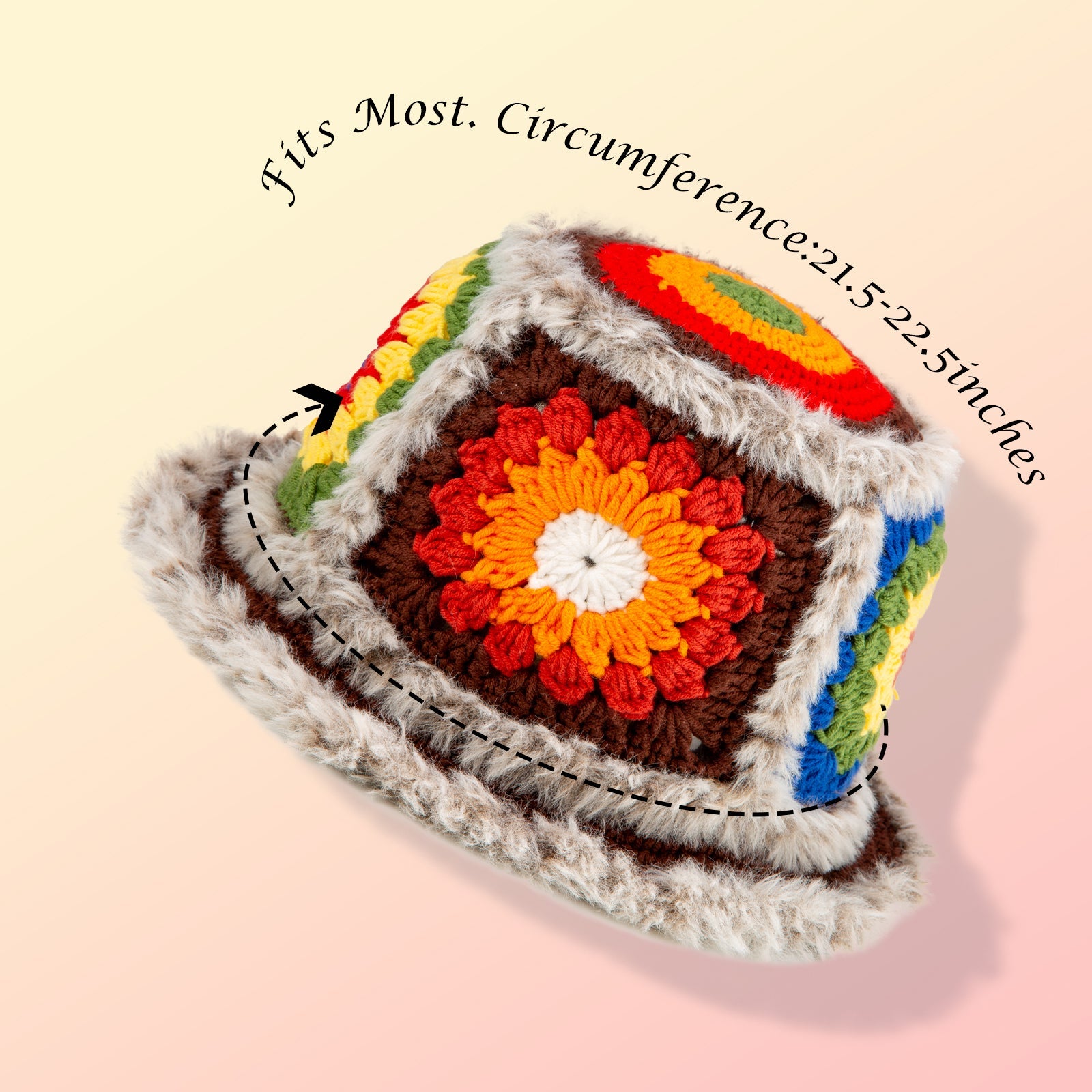 Granny square crochet kit product view 2 for Fuzzy Granny Square Bucket Hat Crochet Kit, with Woolique craft details