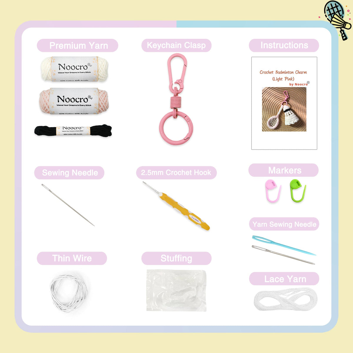 Badminton Crochet Keychain Kit product view 9 with Woolique craft details for makers