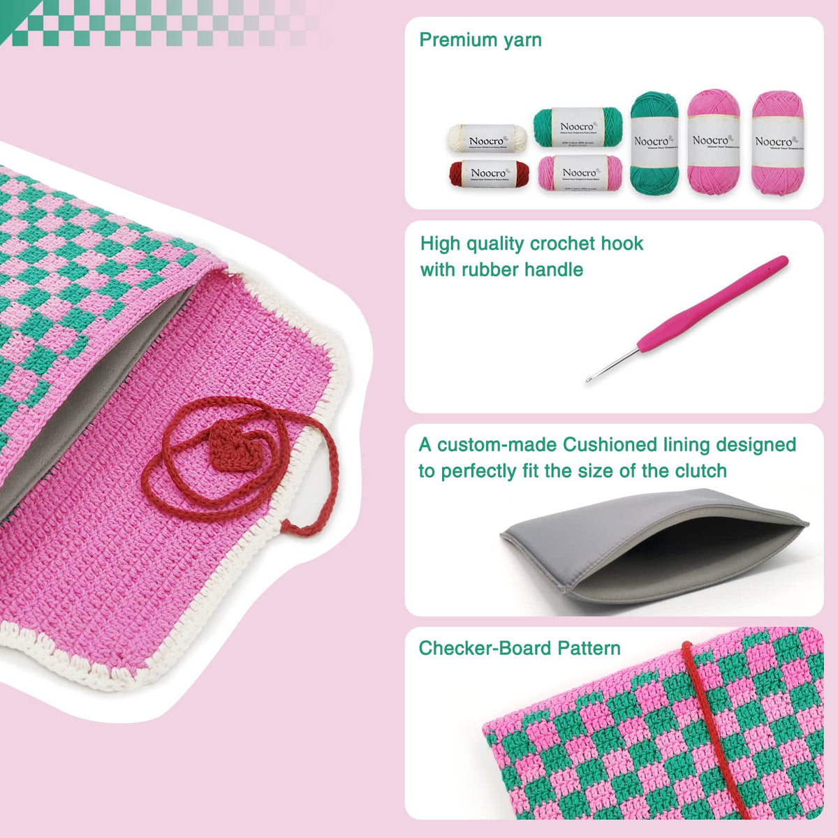 Beginner crochet kit product view 6 for iPad Clutch Crochet Kit, with Woolique craft details
