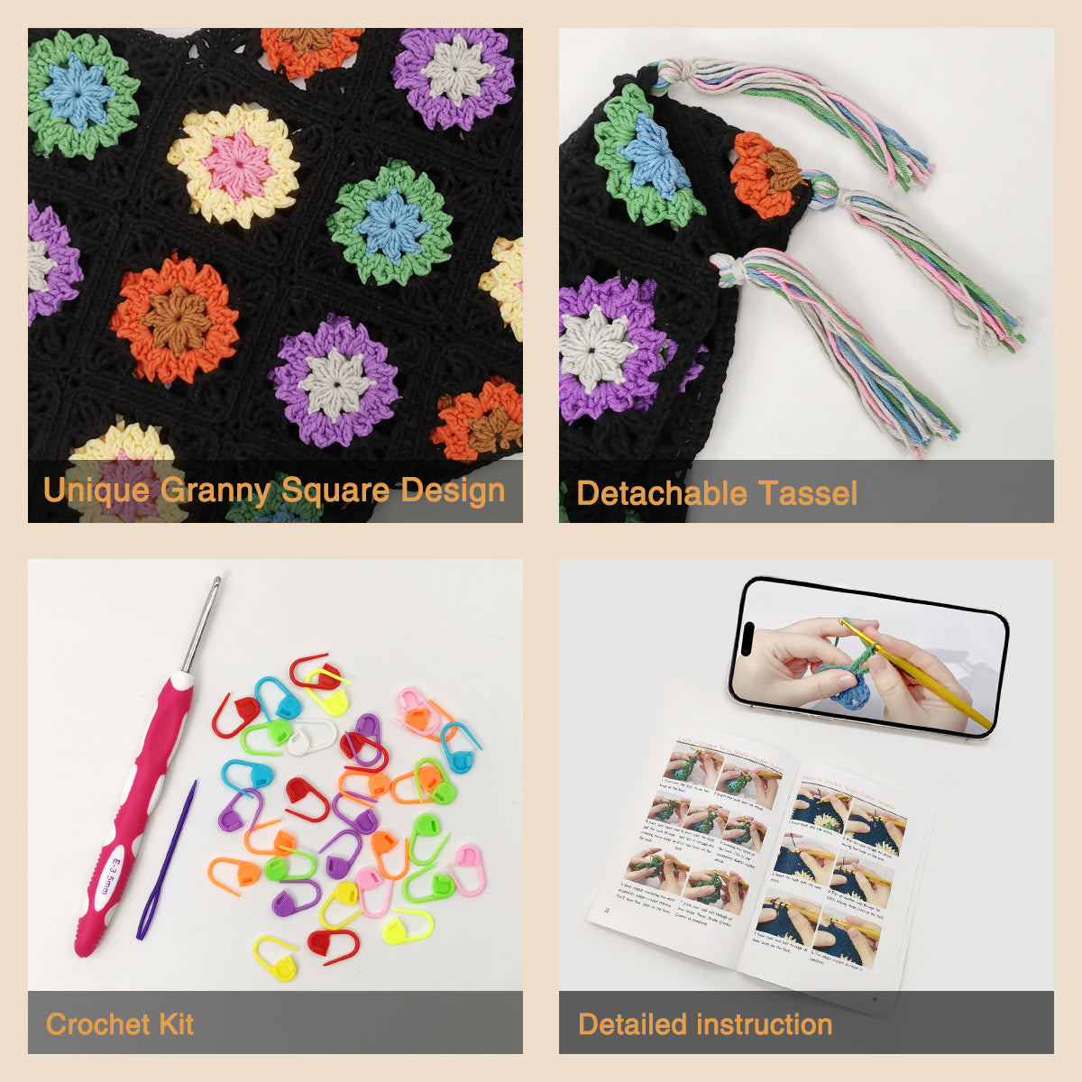 Granny square crochet kit product view 4 for Granny Square Crochet Tank Top Kit, with Woolique craft details