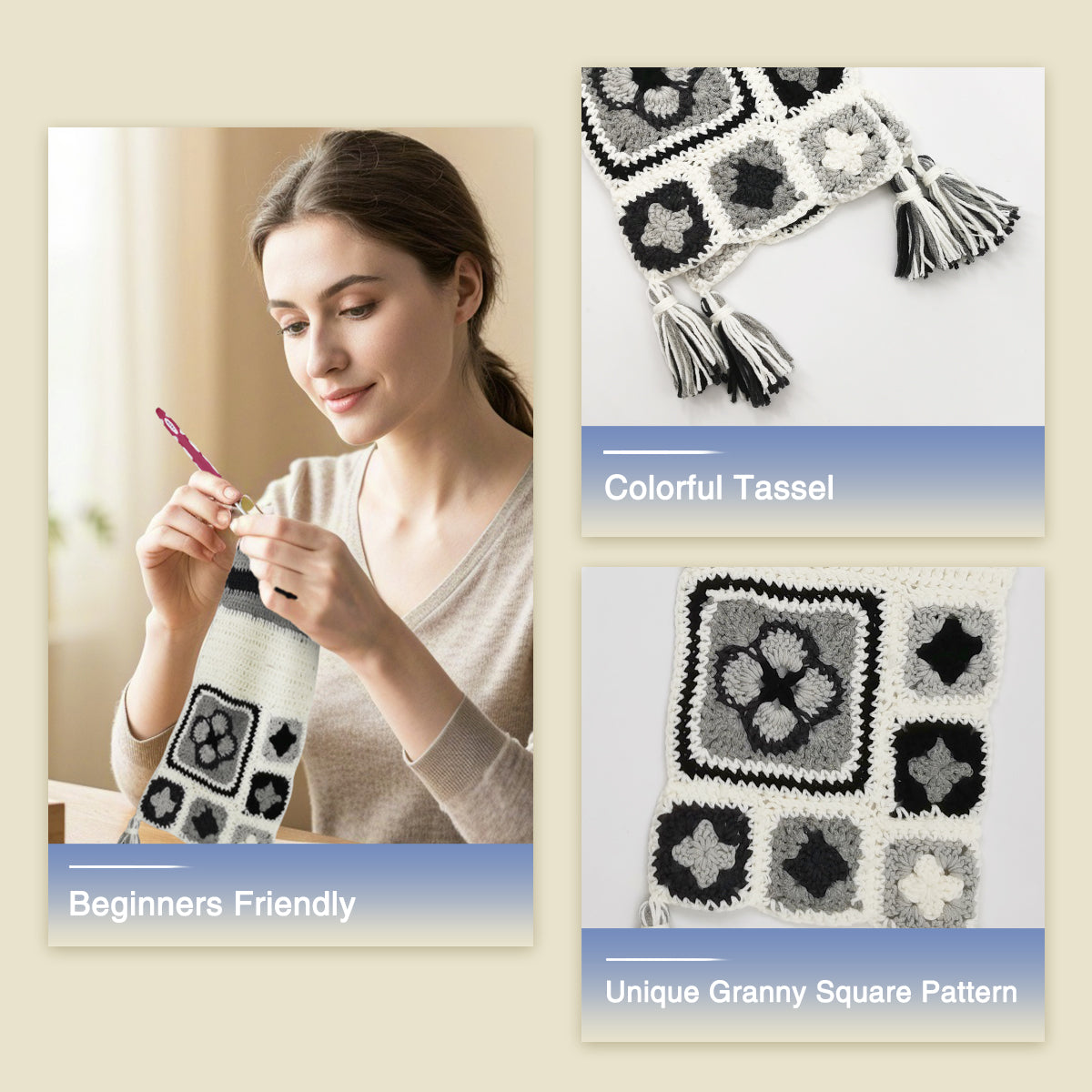 Woman crocheting an ivory granny square scarf and close-up details of the colorful squares and tassels