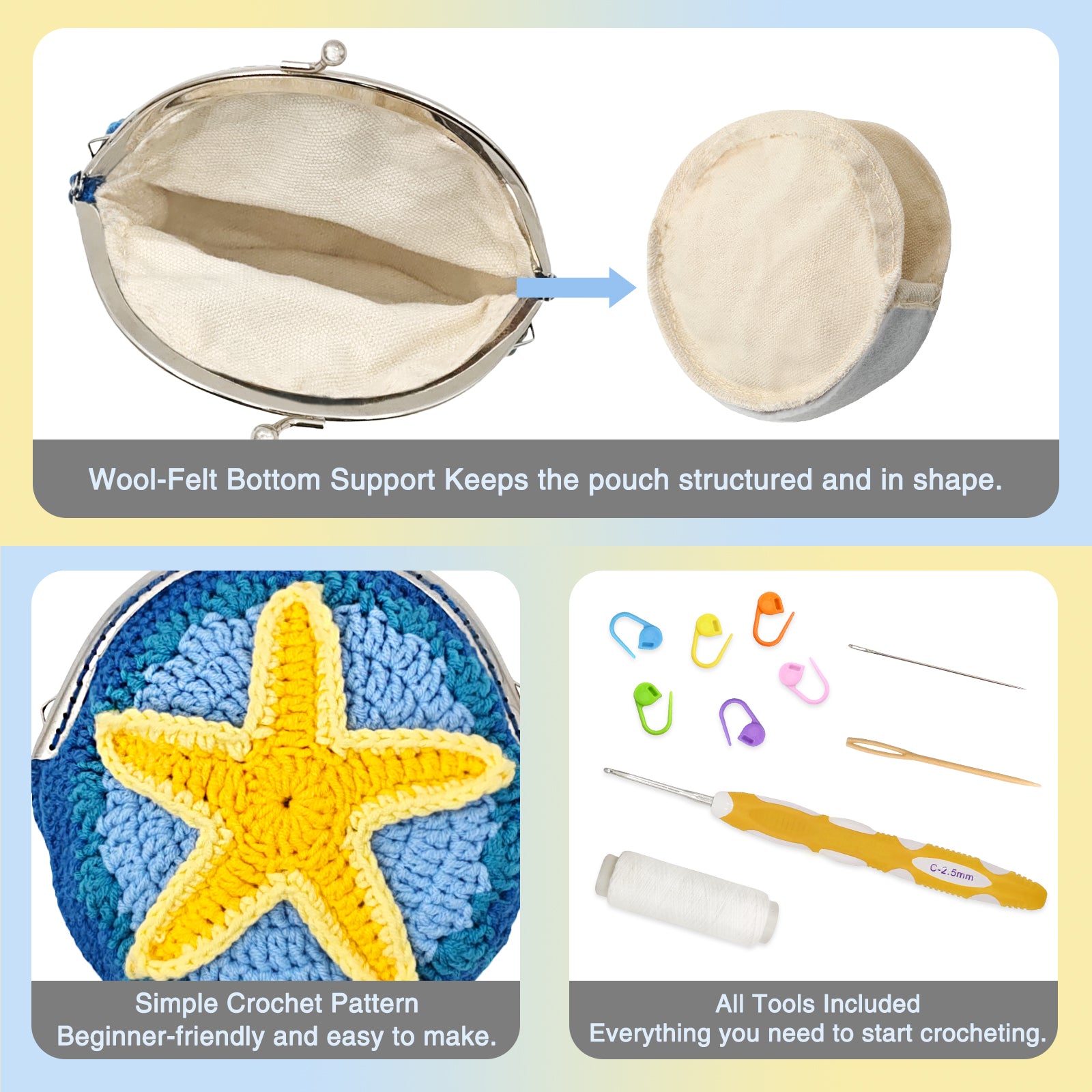 Crochet purse kit product view 4 for Starfish Crochet Coin Purse Kit, with Woolique craft details