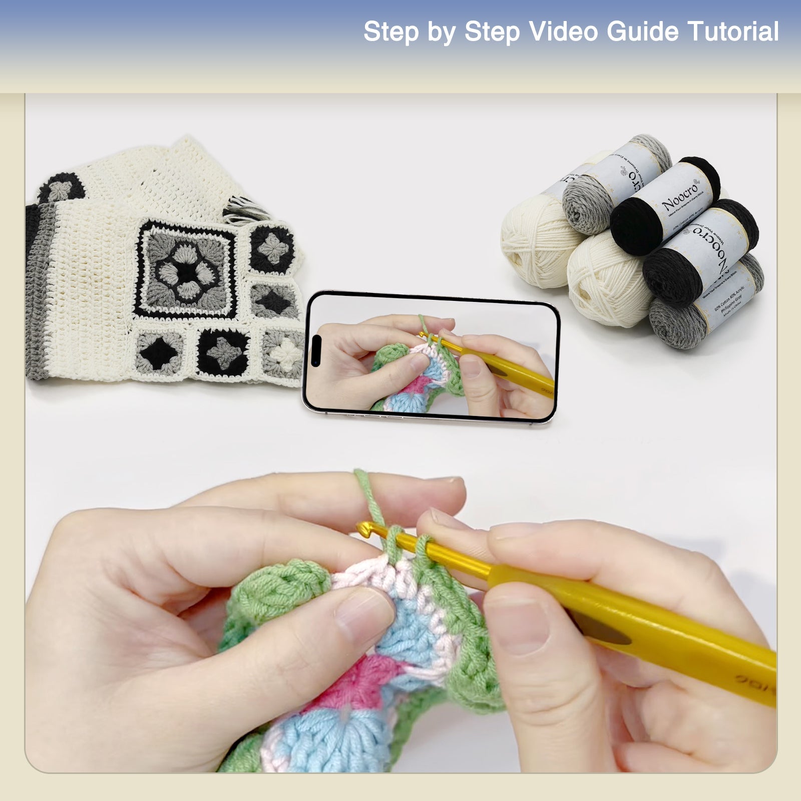 Step-by-step video tutorial for the Ivory Granny Square Scarf Crochet Kit