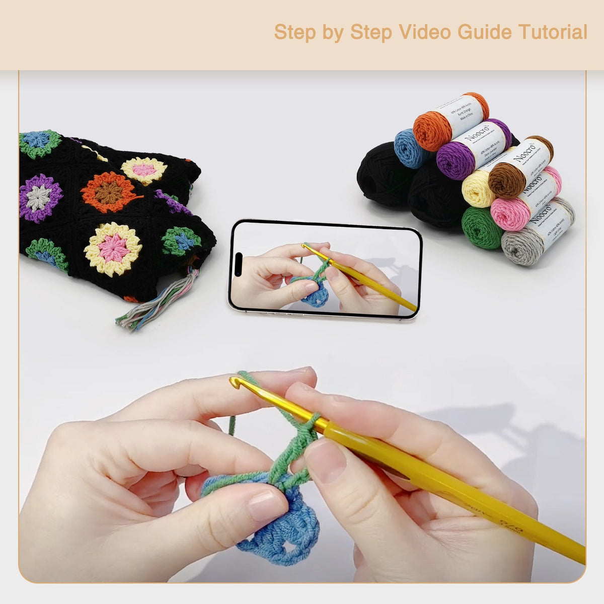 Granny square crochet kit product view 5 for Granny Square Crochet Tank Top Kit, with Woolique craft details