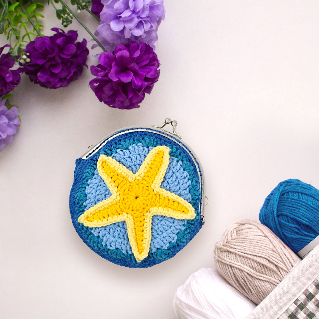 Crochet purse kit product view 7 for Starfish Crochet Coin Purse Kit, with Woolique craft details