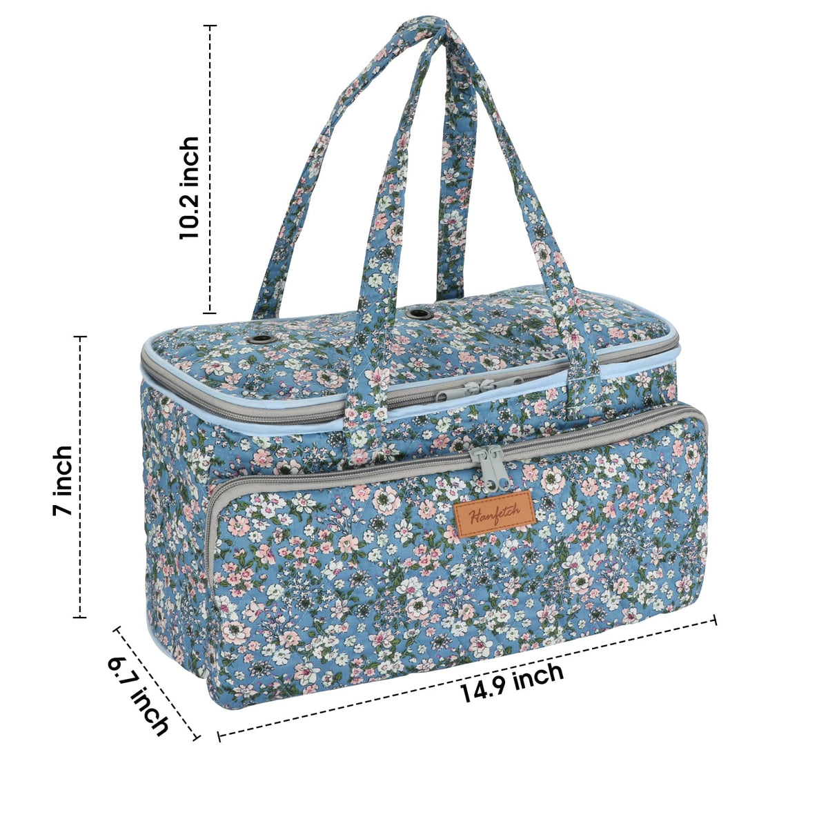 Blue floral knitting project bag showing size measurements