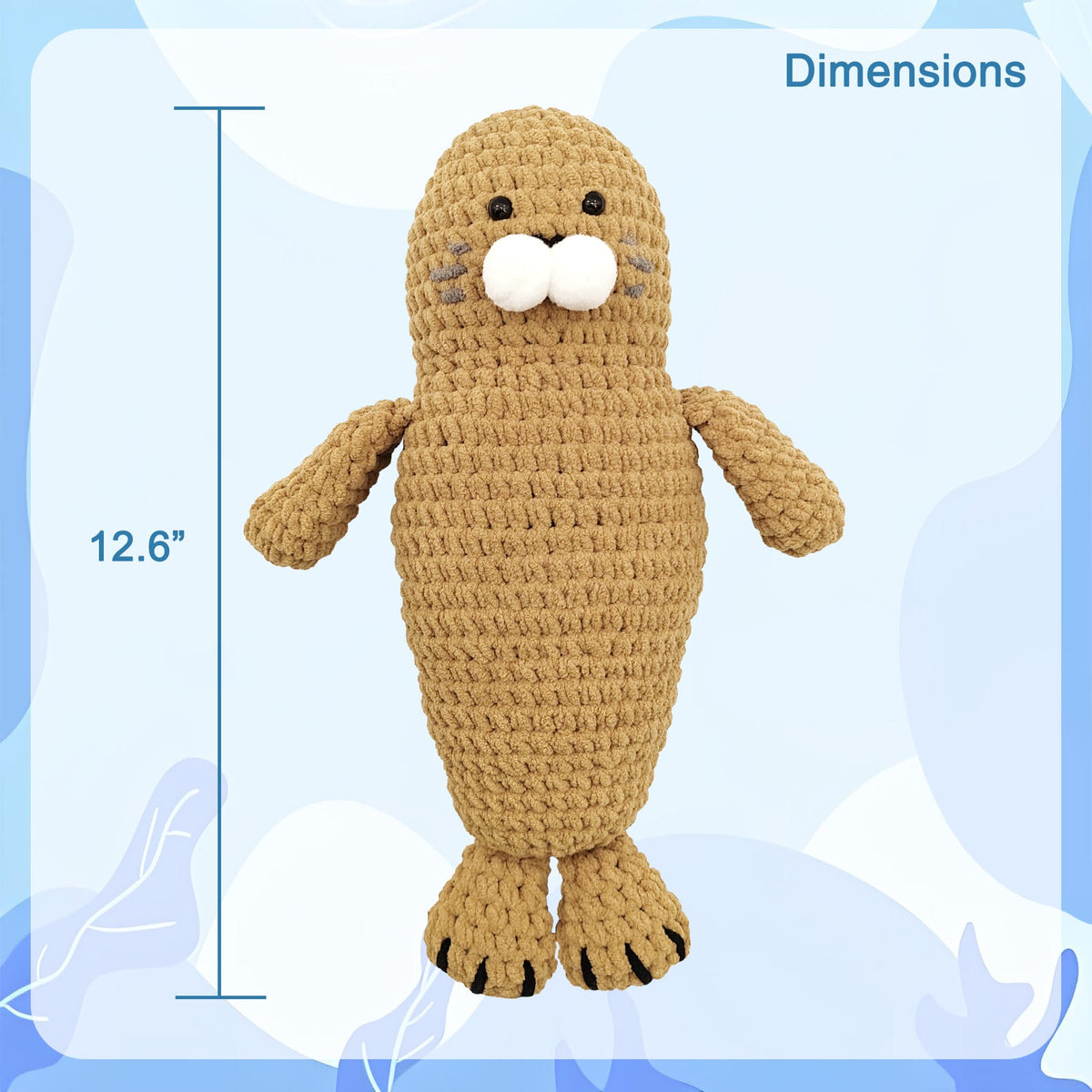 Dimensions of finished Hugging Seal crochet sea animal plushie measuring 12.6 inches tall
