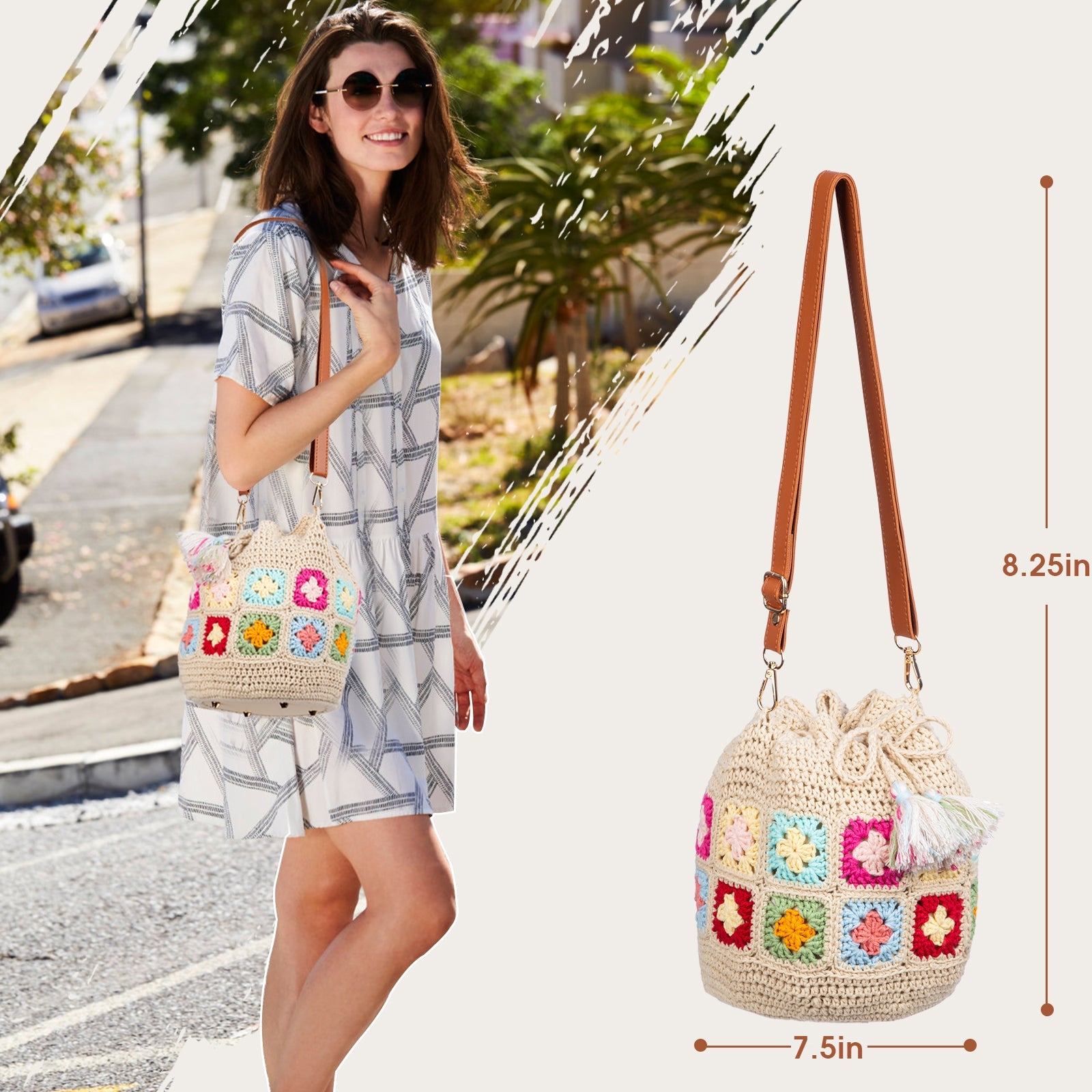 Granny square crochet kit product view 4 for Granny Square Bucket Bag Crochet Kit, with Woolique craft details