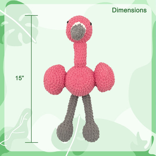 Finished pink flamingo amigurumi plush from crochet kit, measuring 15 inches tall