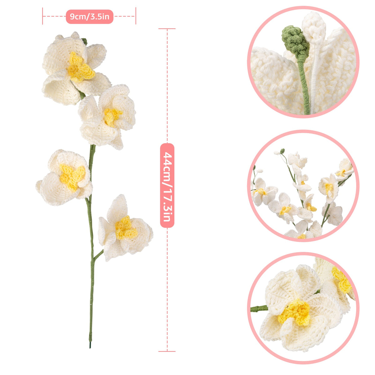 Size dimensions of crochet orchid stem: 17.3 inches tall and 3.5 inches wide, with close-up details of petals