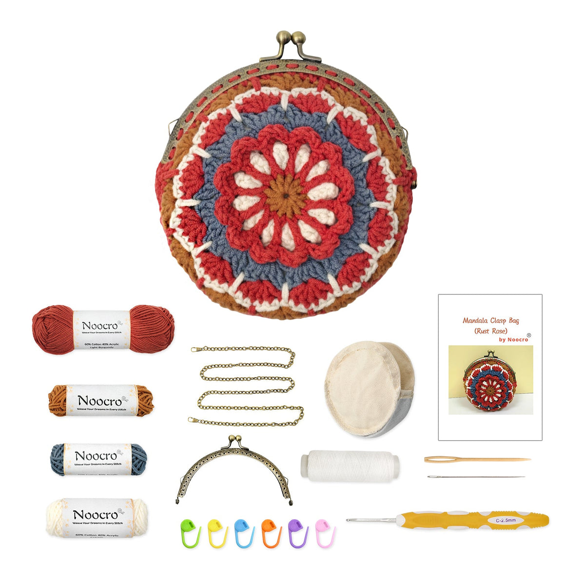 DIY crochet kit for 'Autumn Ember' Mandala coin purse in brown and orange, including metal kiss clasp, yarn, chain, and tools