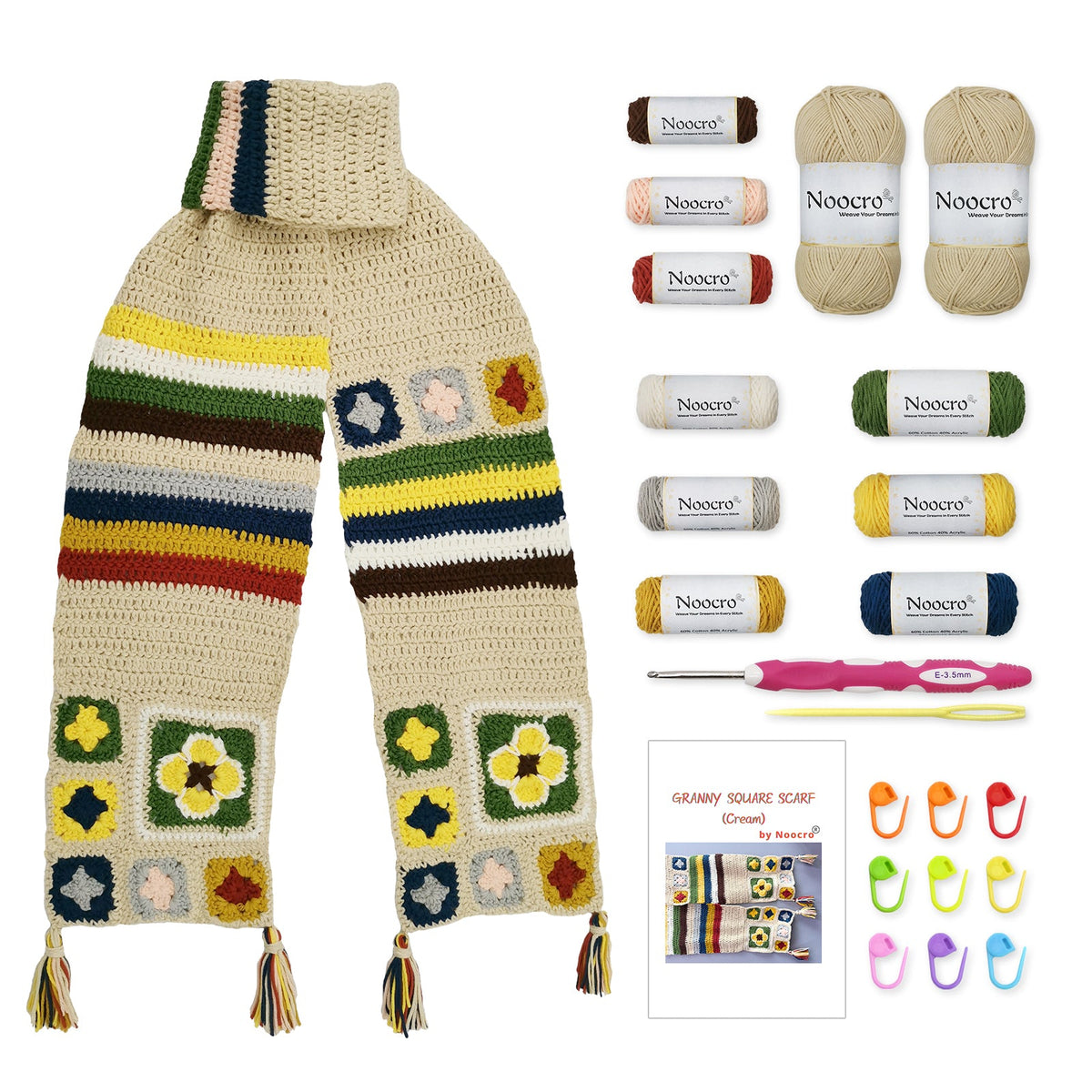 Creamy Granny Square Scarf Crochet Kit with yarn bundles, crochet hook, markers, needle, and instruction booklet included
