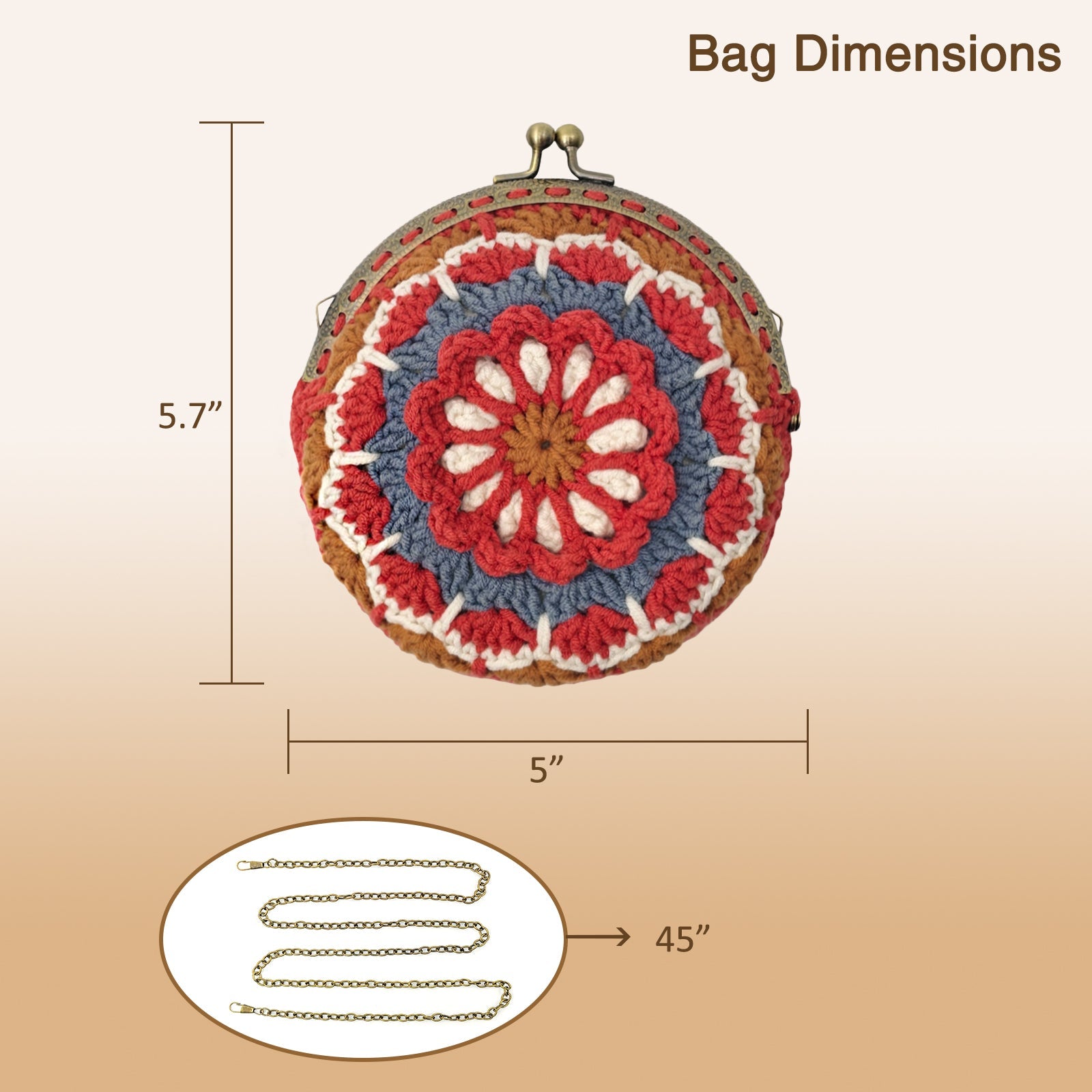 Size chart for Mandala crochet coin purse: 5.7 inches high, 5 inches wide, with a 45 inch chain strap