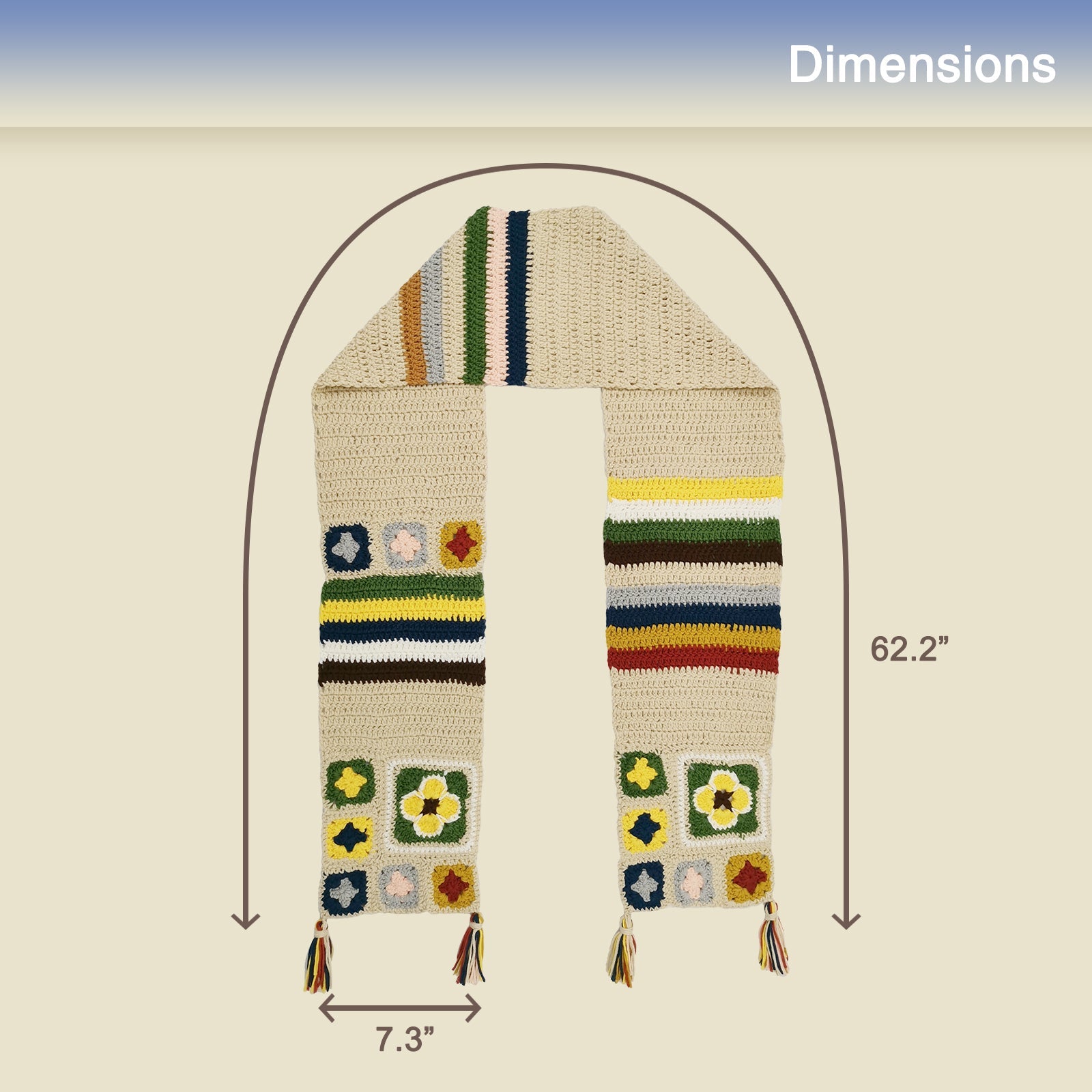Cream Granny Square Scarf Crochet Kit with colorful squares and shown dimensions