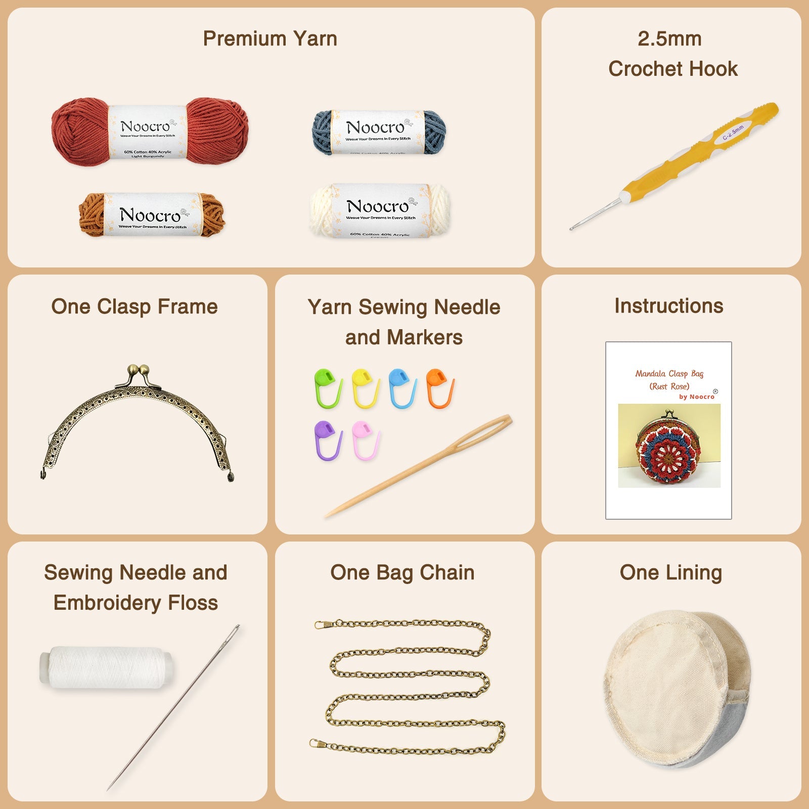 Detailed checklist of Mandala crochet kit contents: premium yarn, 2.5mm hook, metal clasp frame, inner lining, chain, and sewing tools