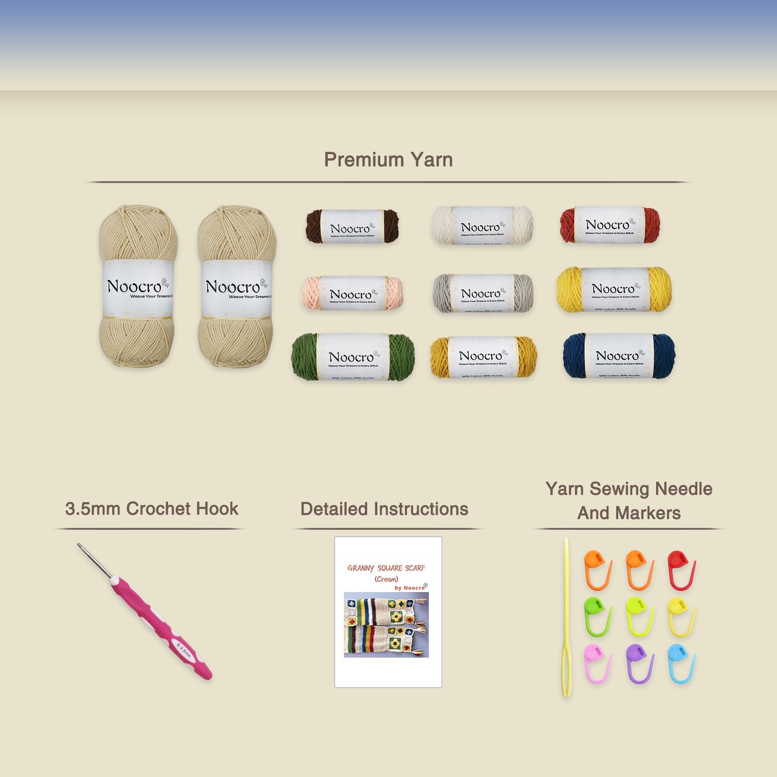 Creamy Granny Square Scarf Crochet Kit supplies including premium yarn, 3.5mm crochet hook, instruction booklet, yarn needle, and stitch markers