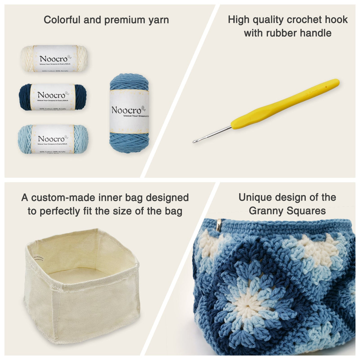 Granny square crochet kit product view 20 for Sunflower Granny Square Crochet Bag Kit, with Woolique craft details