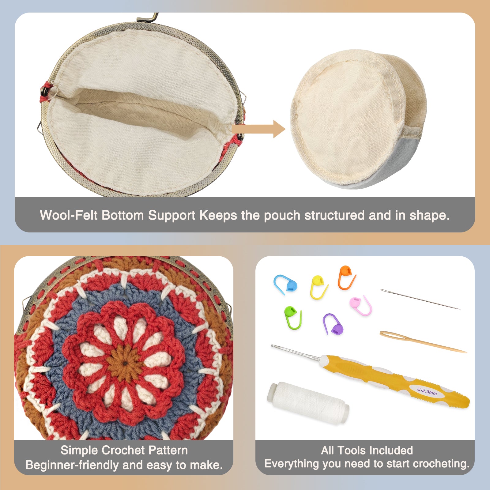 Key features of the Mandala crochet kit: wool-felt bottom support for bag structure, detailed floral pattern, and all tools included