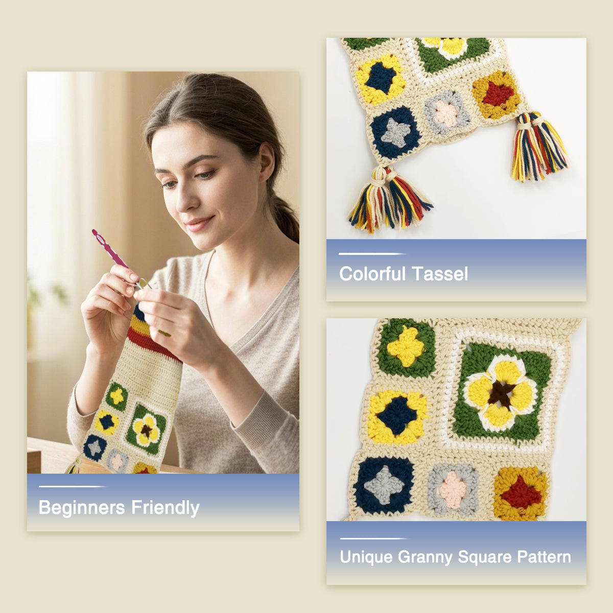 Woman crocheting a creamy granny square scarf and close-up details of the colorful squares and tassels