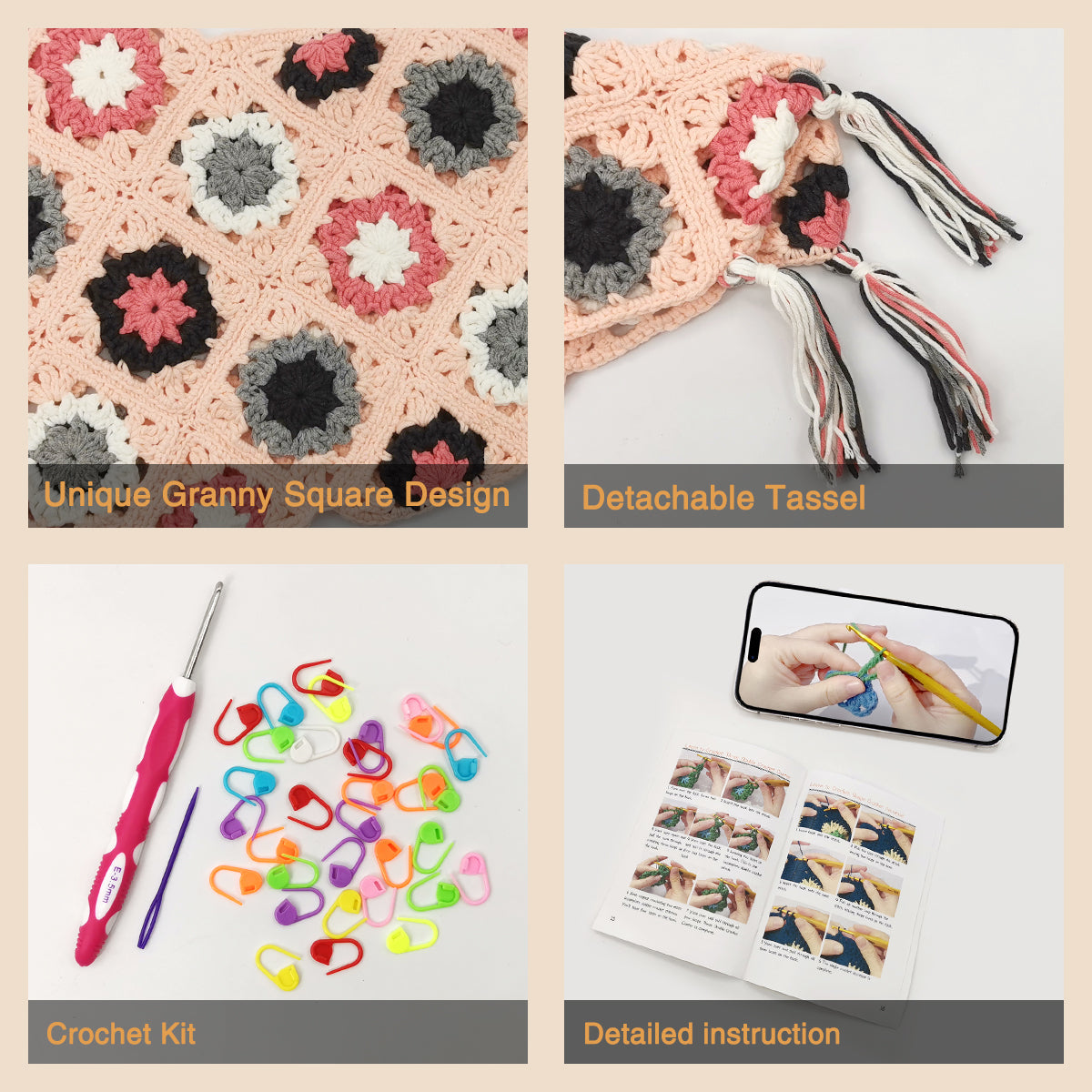 Granny square crochet kit product view 11 for Granny Square Crochet Tank Top Kit, with Woolique craft details