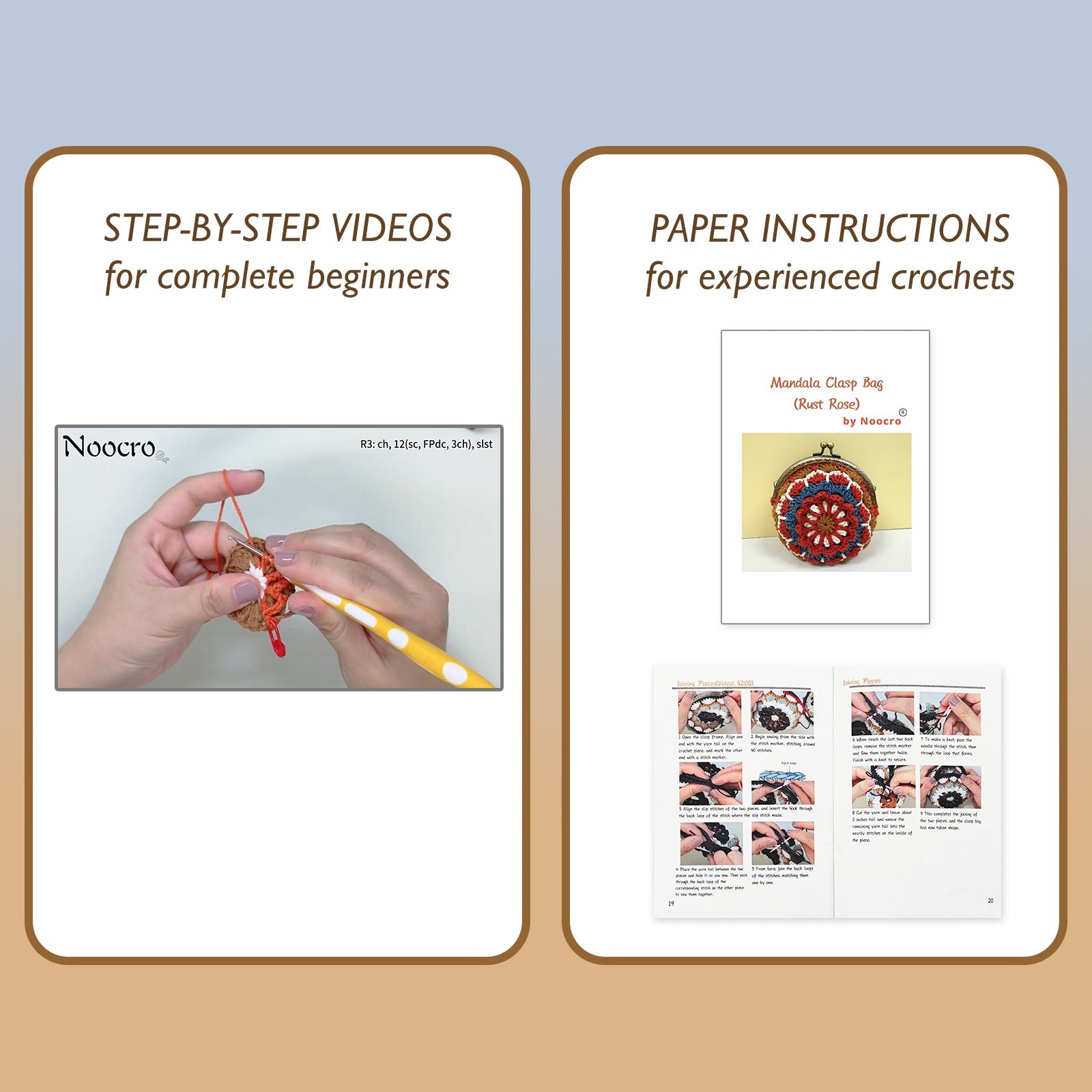 Instructional materials included: step-by-step video tutorials for beginners and paper pattern booklet for experienced crocheters