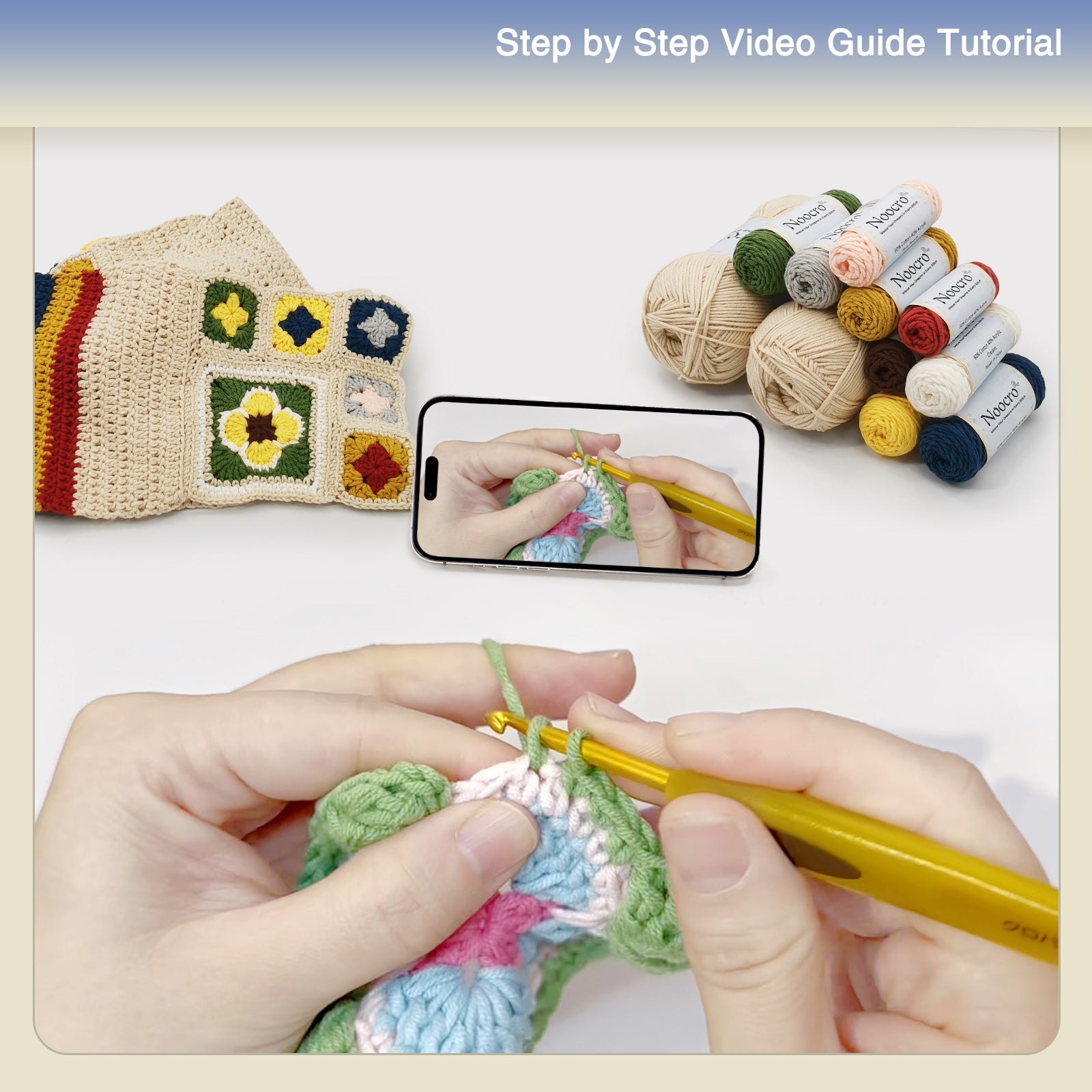 Step-by-step video tutorial for the Creamy Granny Square Scarf Crochet Kit