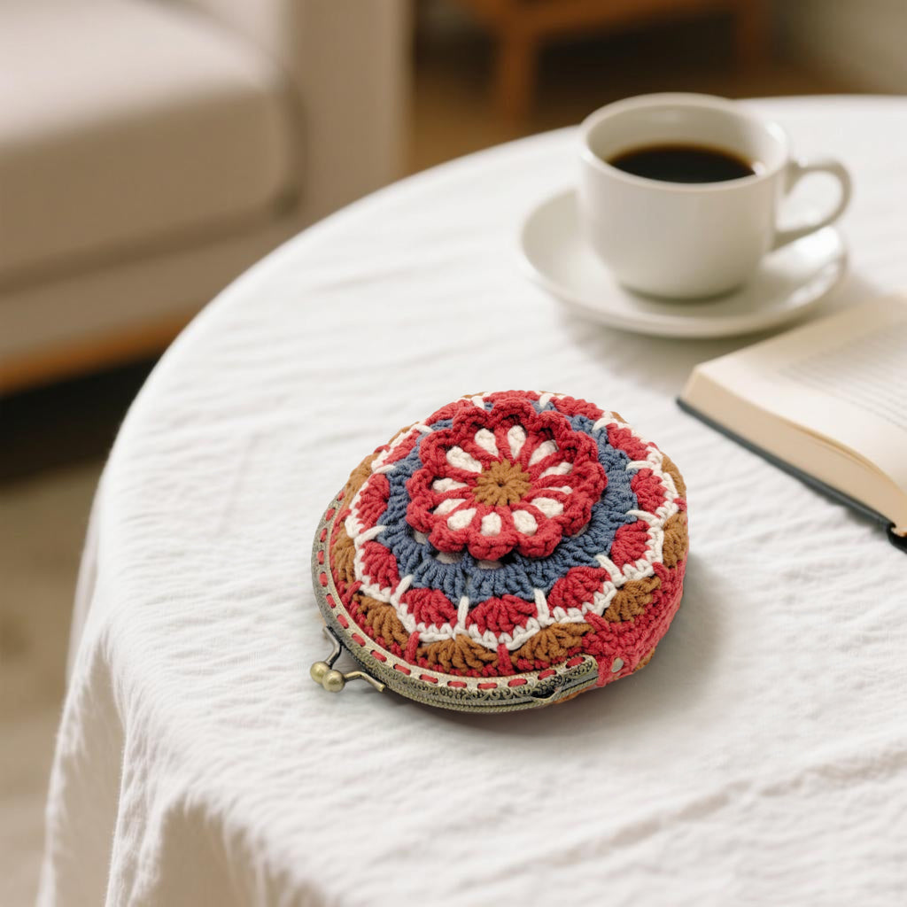 Vintage Mandala Crochet Purse Kit product photo with Woolique craft details for makers