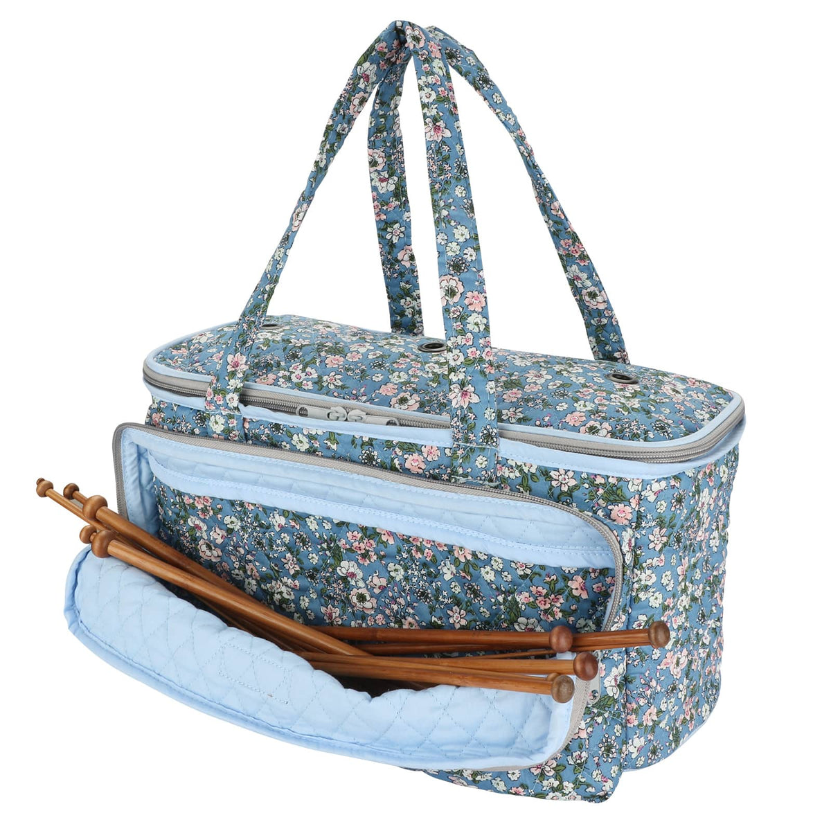 Blue floral knitting project bag with front pocket for crochet hooks