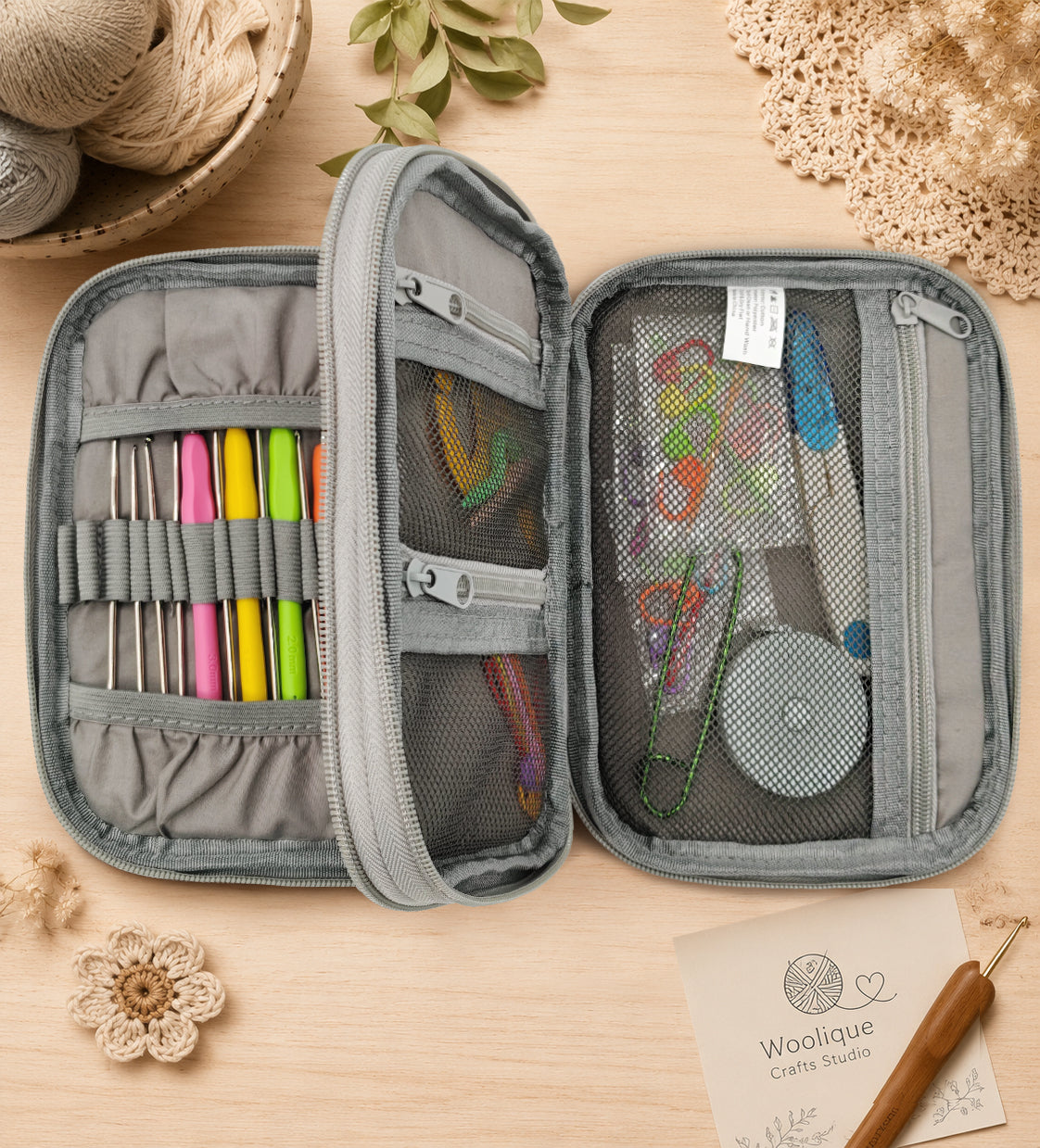 Woolique Studio Crochet Hook Case - Portable Crochet Tool Organizer for Yarn Projects